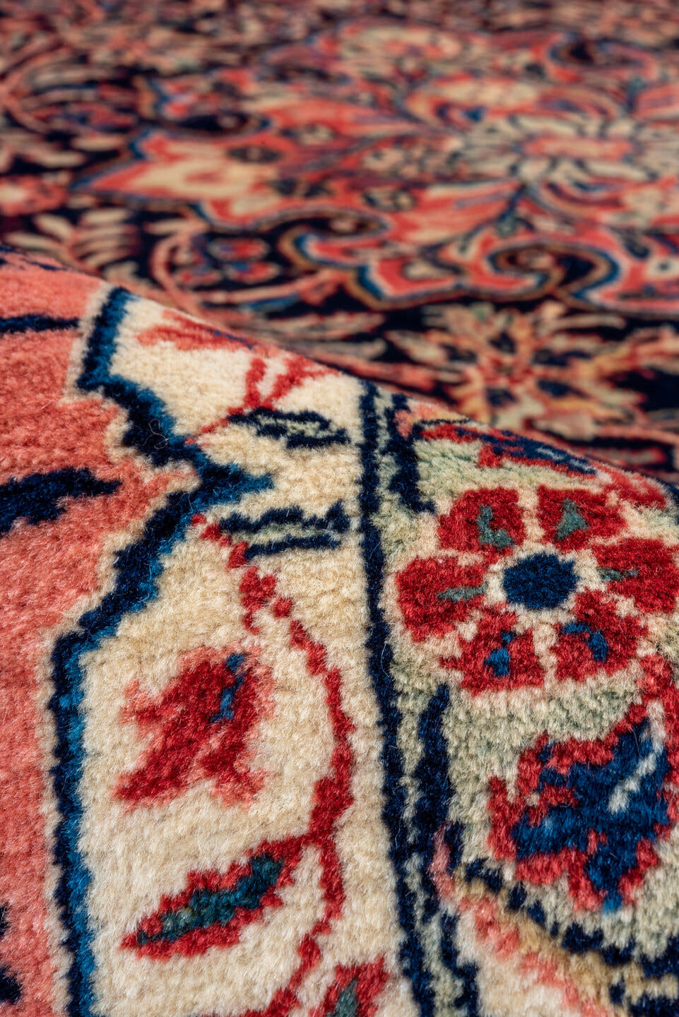 8' x 11' one-of-a-kind handmade antique Sarouk large size rug. Color palette: navy, ivory, rose, crimson, gold, sage, camel
