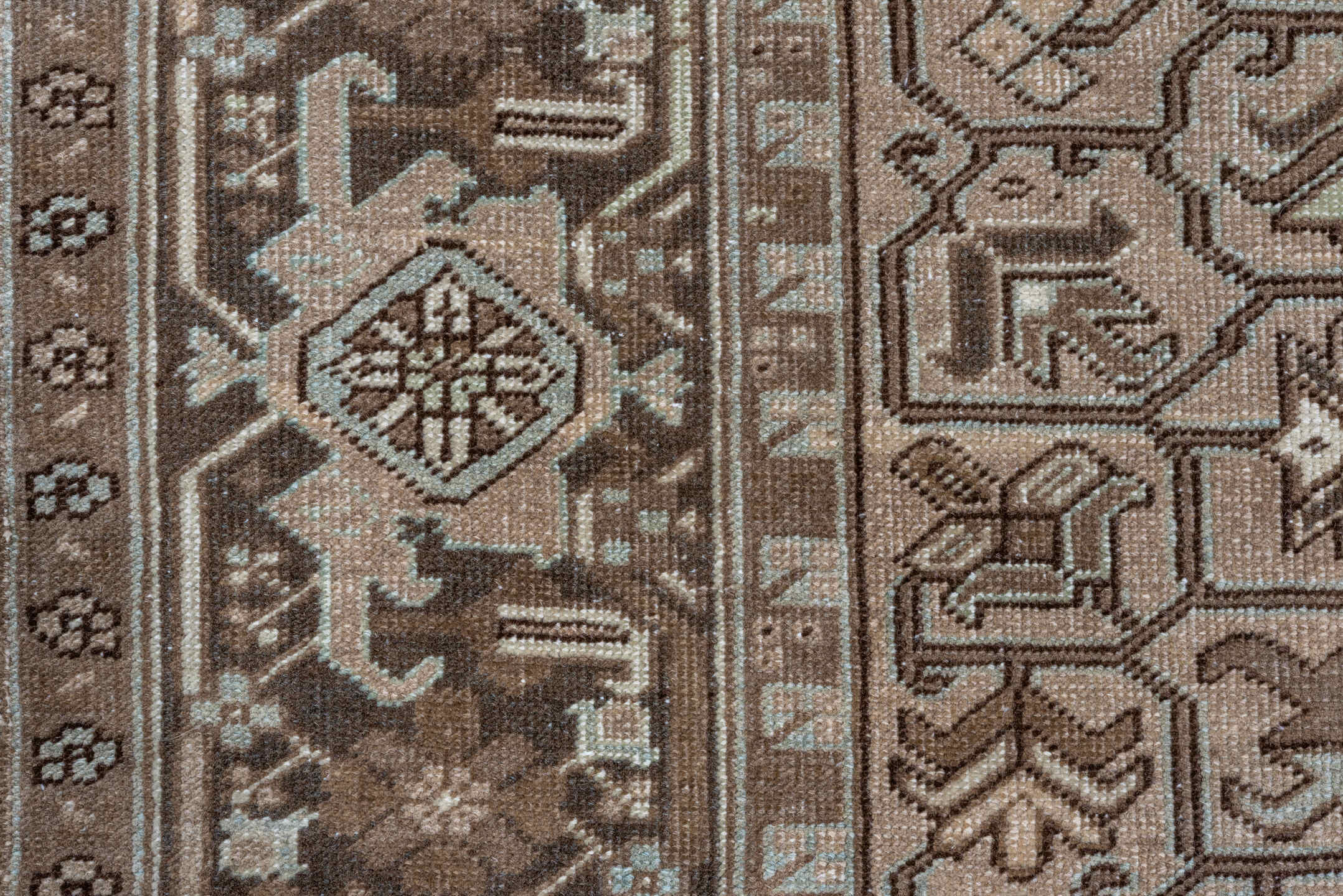 9' x 12' one-of-a-kind handmade antique Heriz large size rug. Color palette: taupe, brown, camel, ivory, pale_blue, beige
