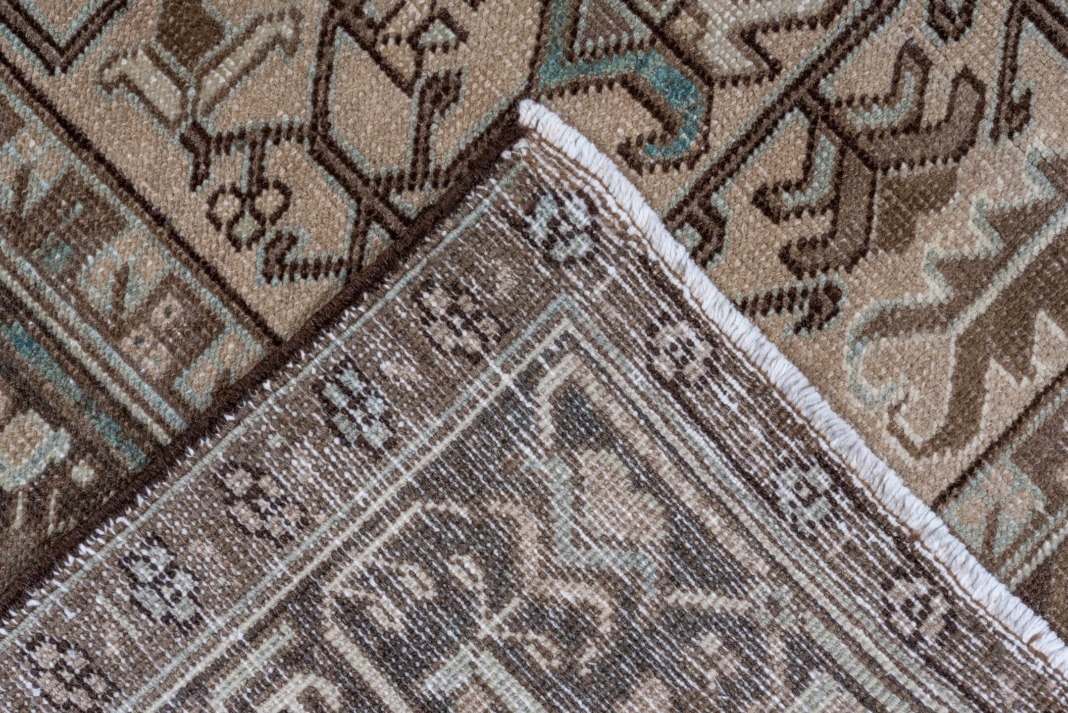9' x 12' one-of-a-kind handmade antique Heriz large size rug. Color palette: taupe, brown, camel, ivory, pale_blue, beige