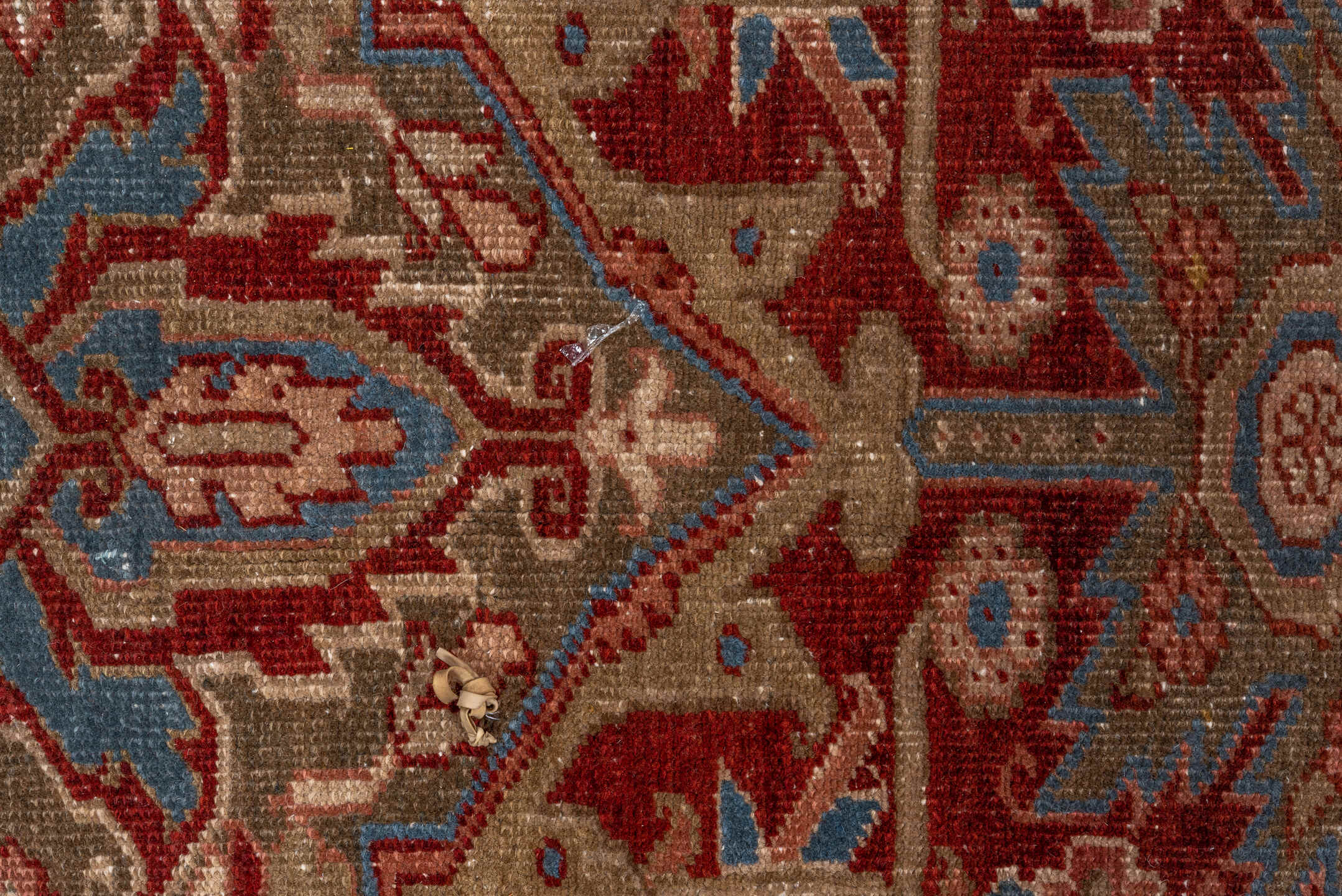 9' x 12' one-of-a-kind handmade antique Heriz large size rug. Color palette: rust, ivory, taupe, sky blue, brown, slate