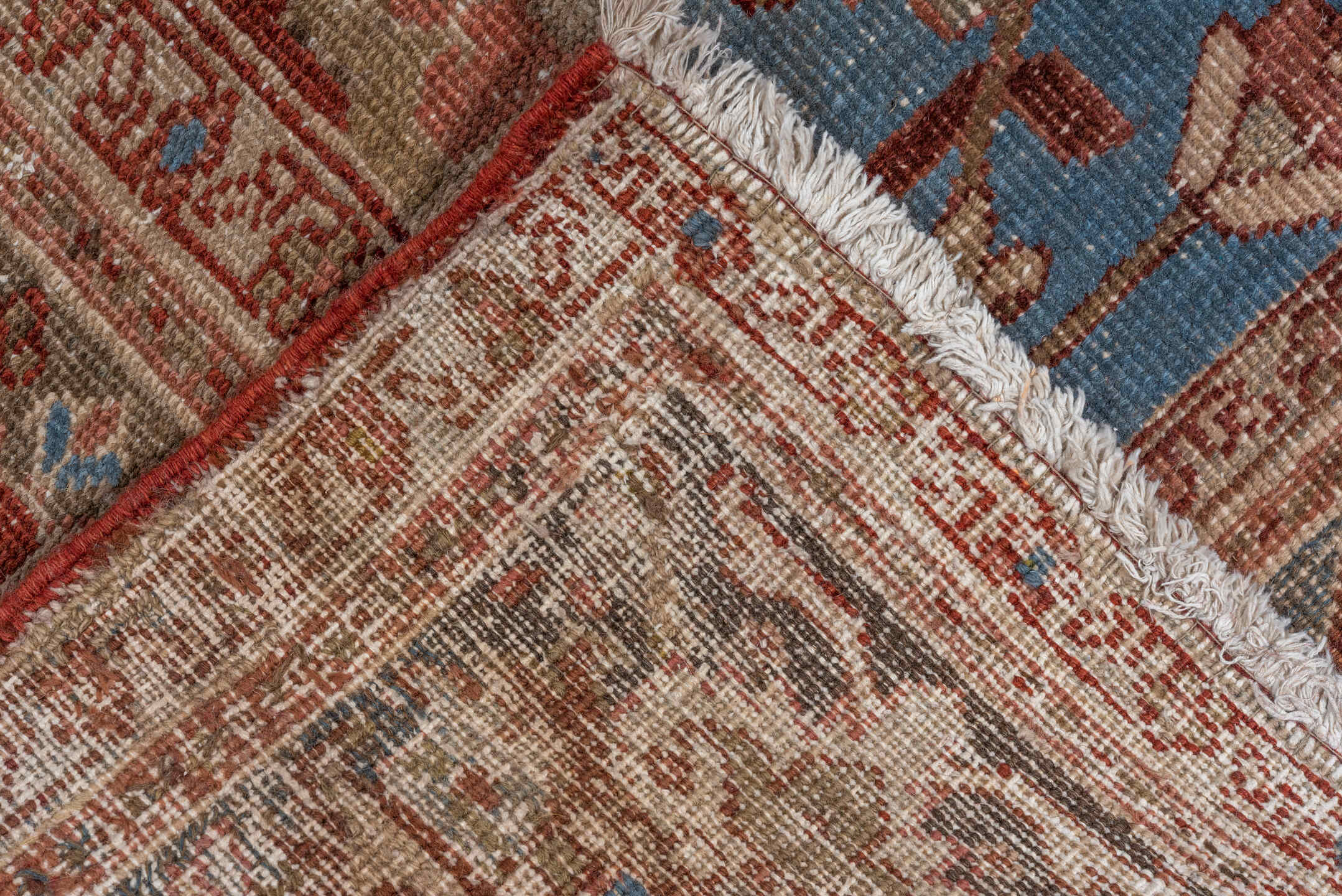 9' x 12' one-of-a-kind handmade antique Heriz large size rug. Color palette: rust, ivory, taupe, sky blue, brown, slate