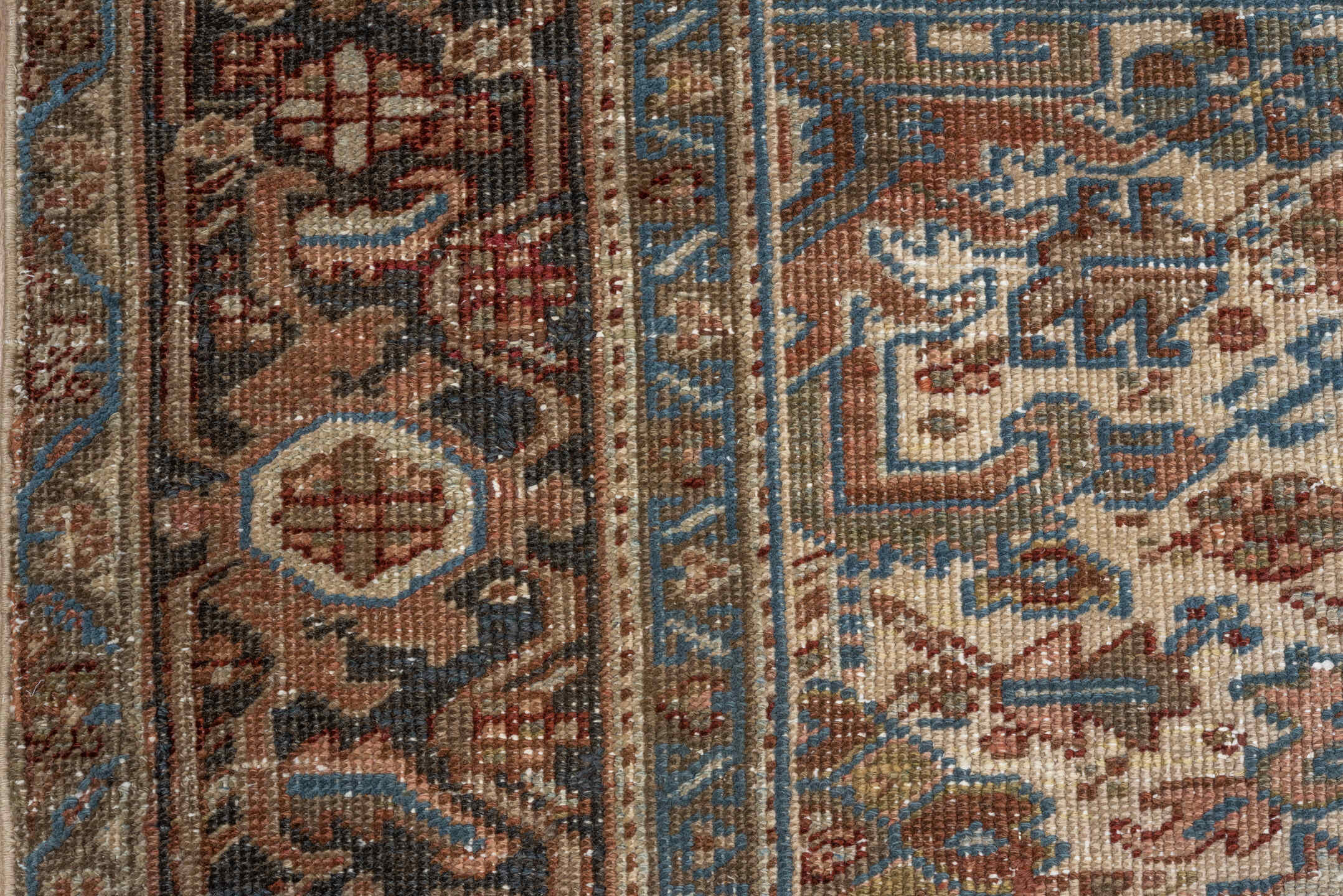 6' x 7' one-of-a-kind handmade vintage Heriz rug. Color palette: black, blue, brown, dark gray, dim gray, gainsboro, gray