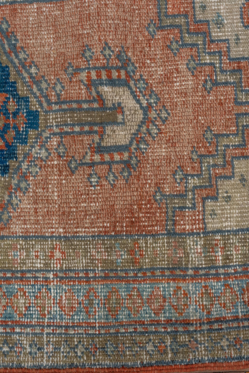 2' x 4' one-of-a-kind handmade antique Heriz small size rug. Color palette: ivory, faded coral, slate blue, indigo, taupe