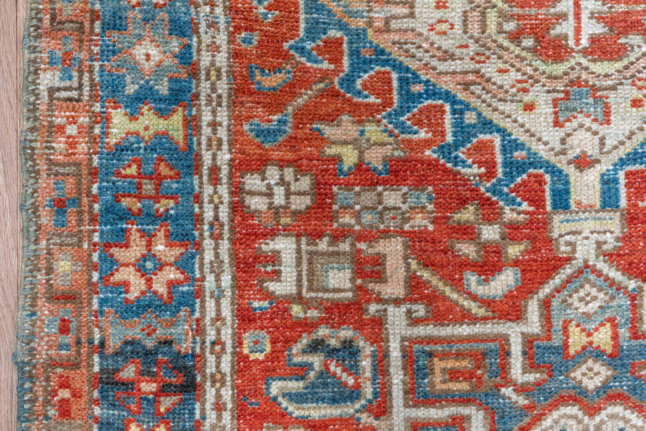 3' x 4' one-of-a-kind handmade vintage Karaje small size rug. Color palette: black, blue, brown, charcoal, gray, light gray