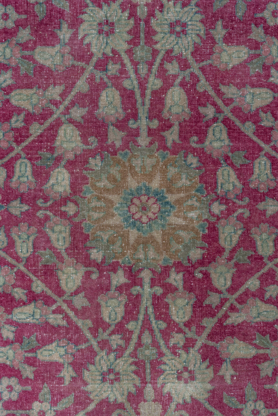 12' x 17' one-of-a-kind handmade antique Sivas oversize rug. Color palette: rose, ivory, teal, dusty pink, sage, taupe, pink