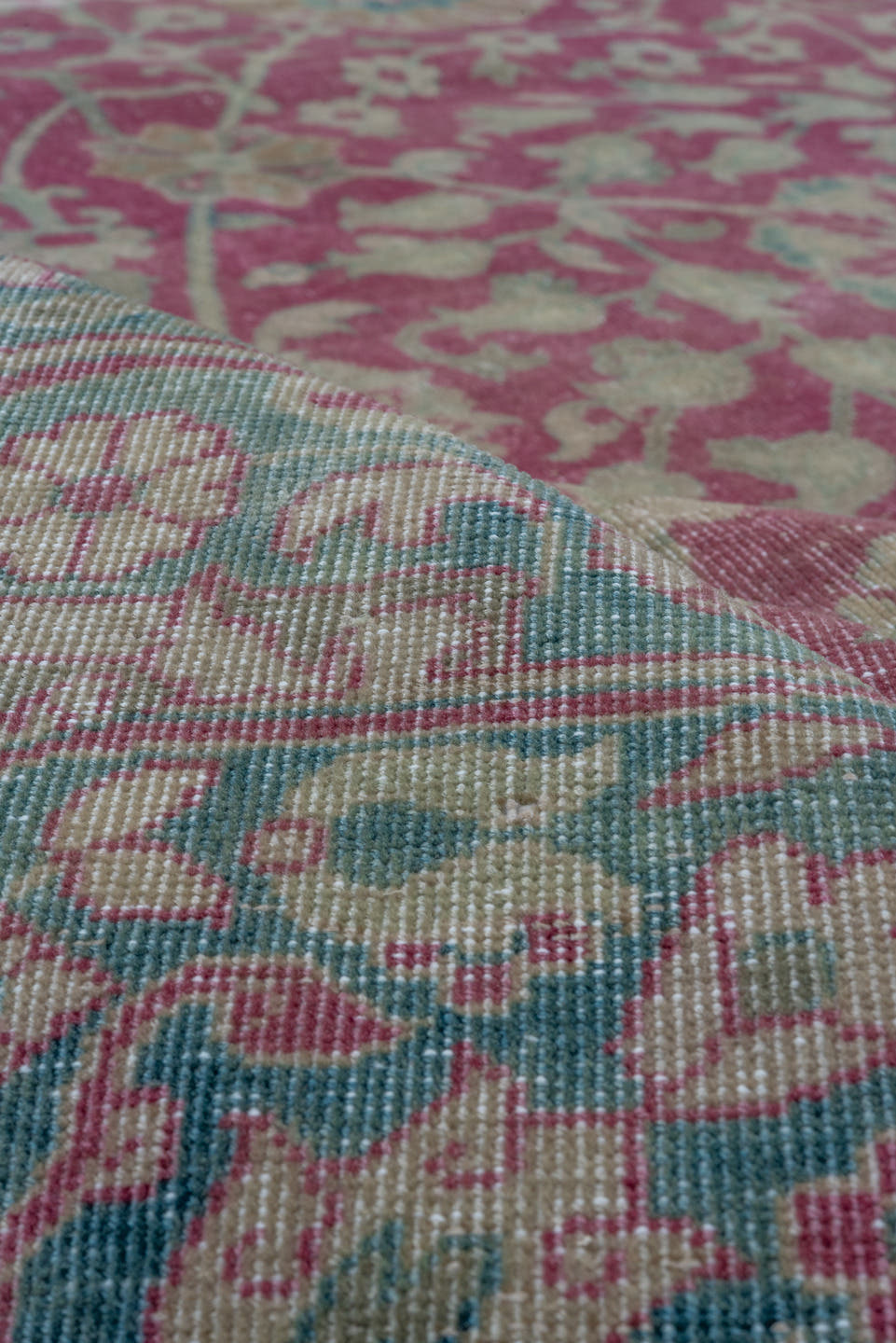 12' x 17' one-of-a-kind handmade antique Sivas oversize rug. Color palette: rose, ivory, teal, dusty pink, sage, taupe, pink