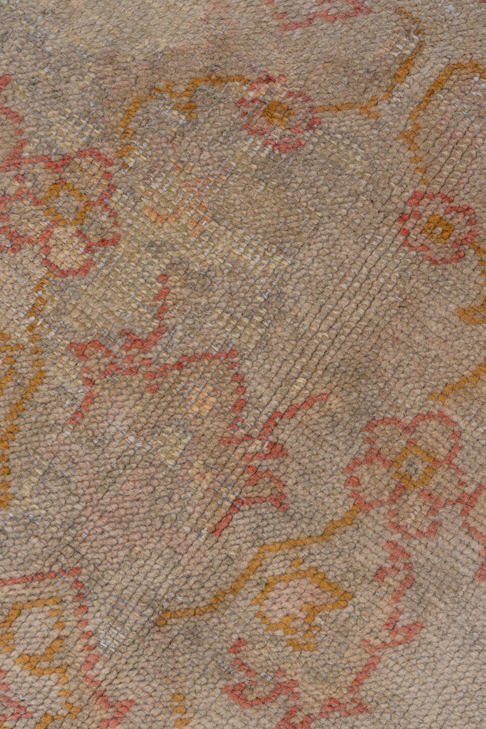 9' x 13' one-of-a-kind handmade antique Oushak large size rug. Color palette: ivory, blush, pale gold, beige, taupe, peach