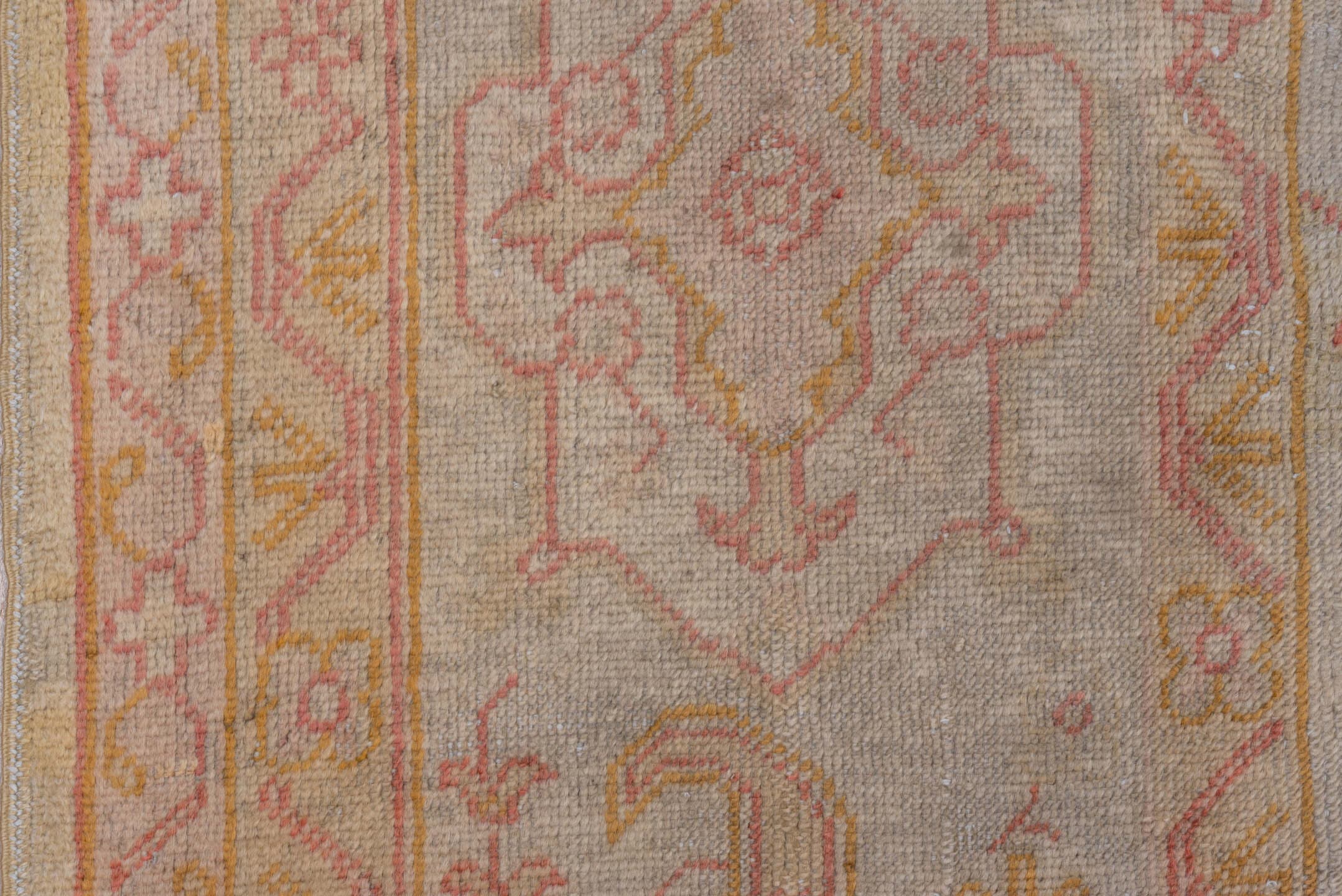 9' x 13' one-of-a-kind handmade antique Oushak large size rug. Color palette: ivory, blush, pale gold, beige, taupe, peach
