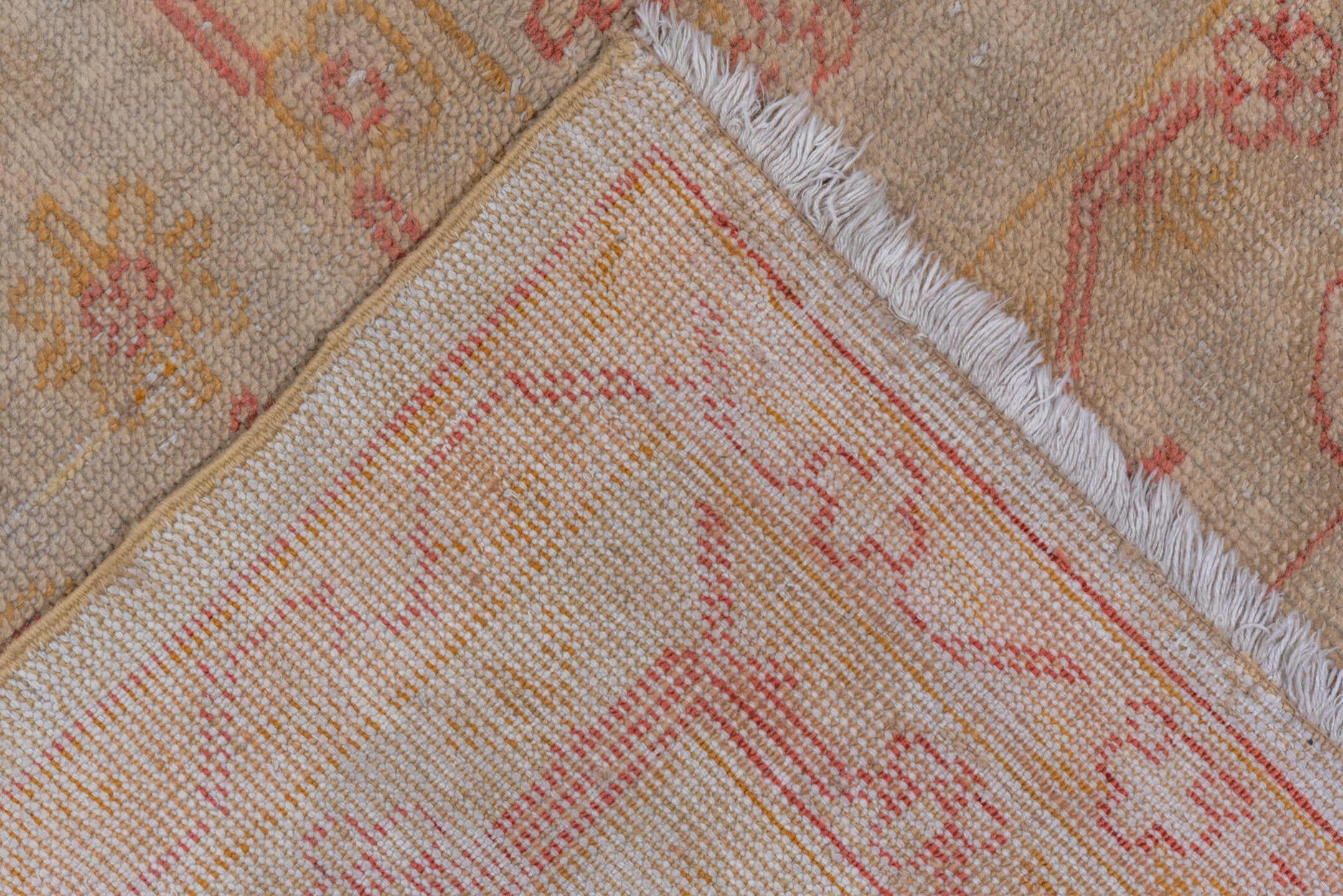 9' x 13' one-of-a-kind handmade antique Oushak large size rug. Color palette: ivory, blush, pale gold, beige, taupe, peach