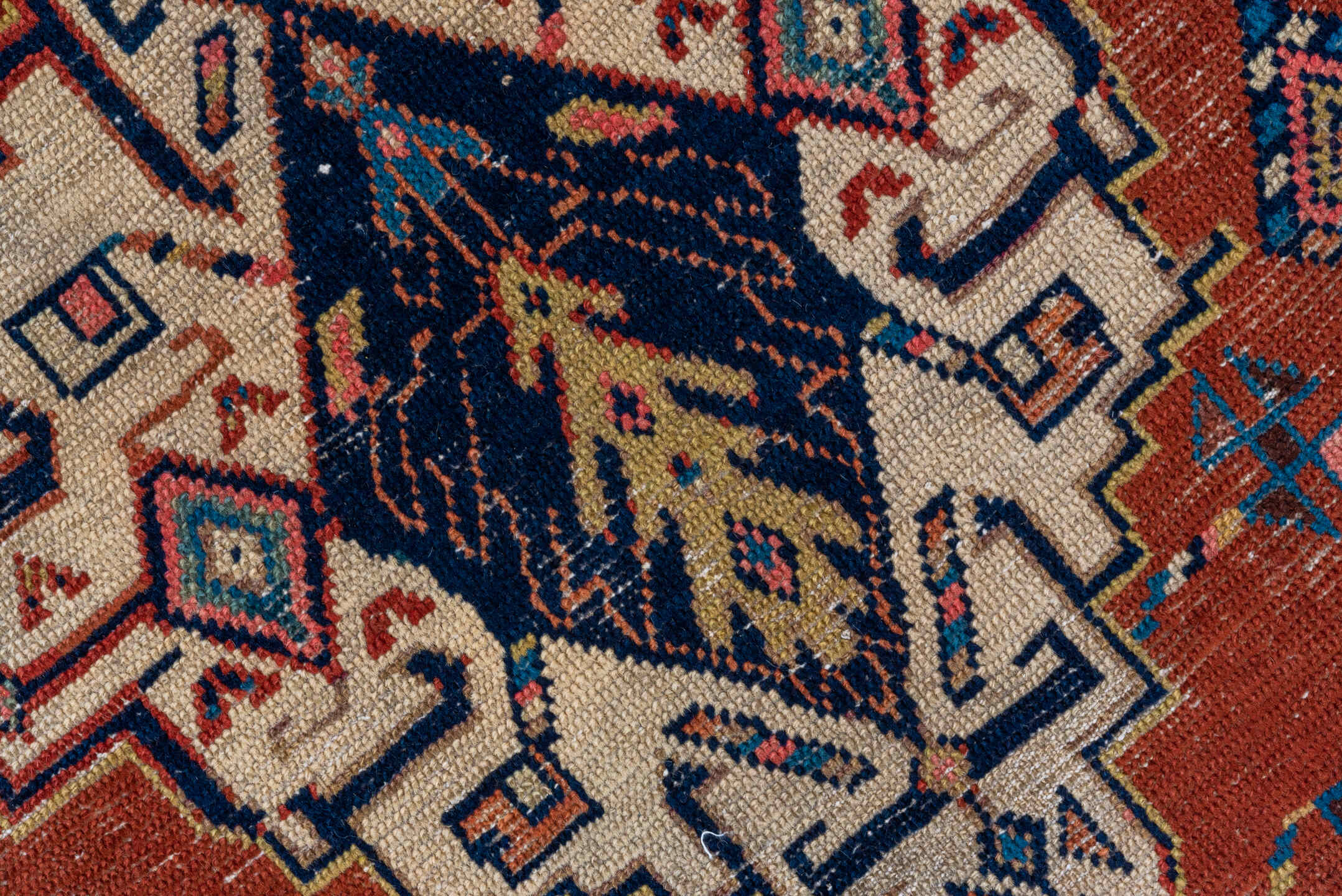 3' x 13' one-of-a-kind handmade antique NW Persian runner rug. Color palette: rust, ivory, indigo, sky blue, camel, crimson