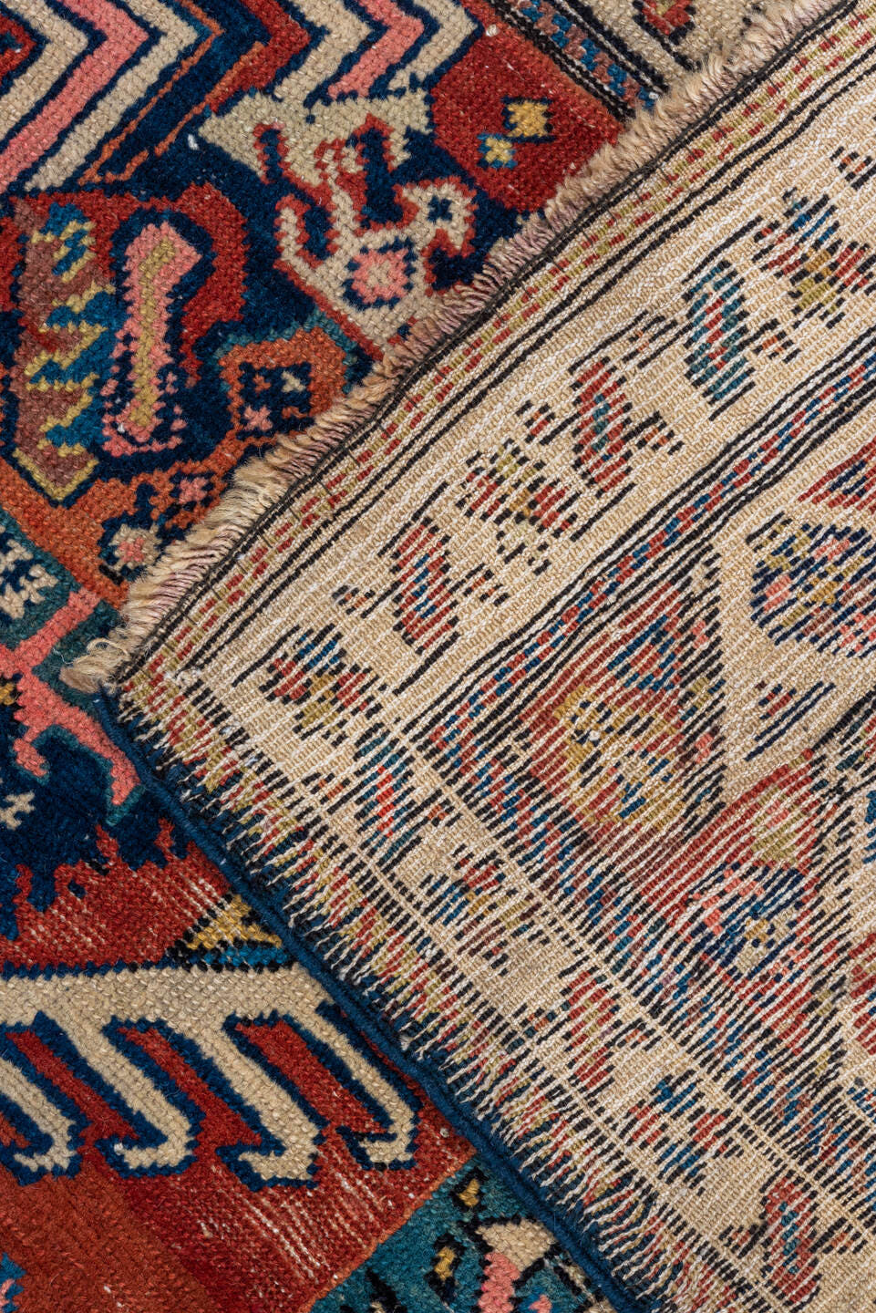 3' x 13' one-of-a-kind handmade antique NW Persian runner rug. Color palette: rust, ivory, indigo, sky blue, camel, crimson