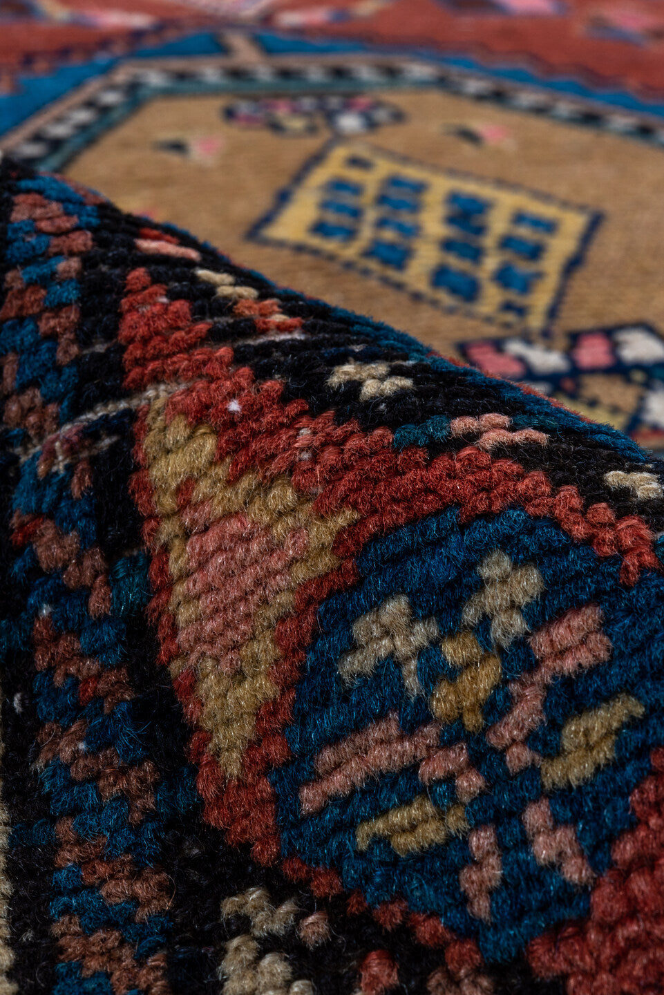 3' x 13' one-of-a-kind handmade vintage NW Persian runner rug. Color palette: black, blue, brown, gray, red