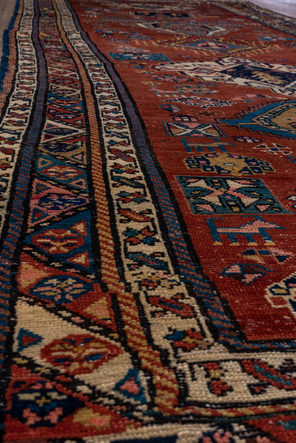 3' x 13' one-of-a-kind handmade vintage NW Persian runner rug. Color palette: black, blue, brown, gray, red