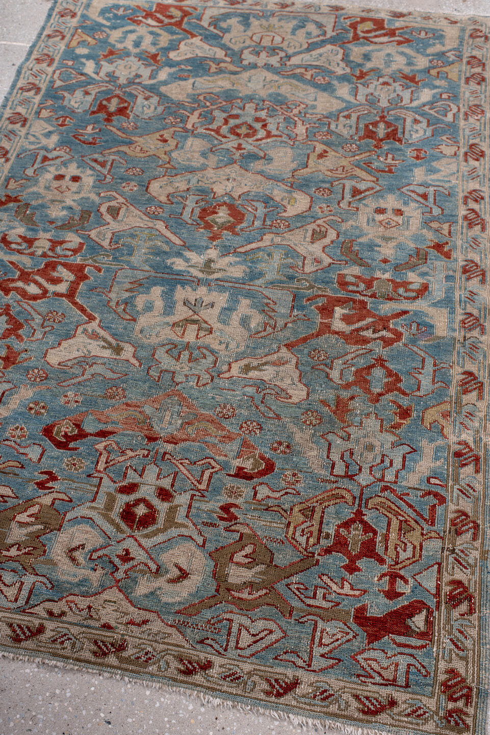 3' x 5' one-of-a-kind handmade antique Sumak small size rug. Color palette: sky blue, ivory, rust, taupe, slate, camel