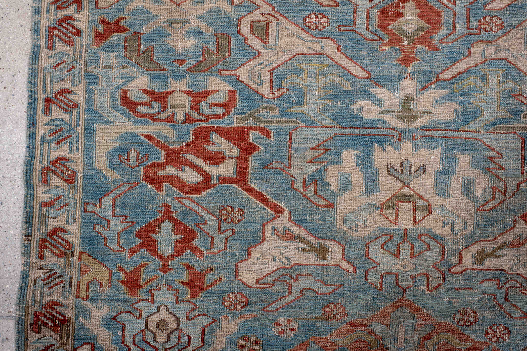 3' x 5' one-of-a-kind handmade antique Sumak small size rug. Color palette: sky blue, ivory, rust, taupe, slate, camel