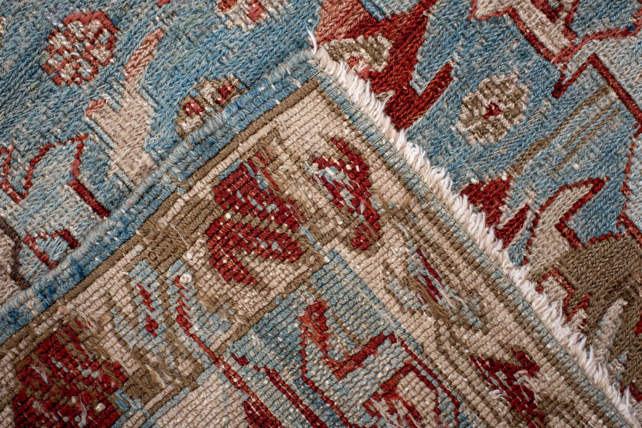 3' x 5' one-of-a-kind handmade antique Sumak small size rug. Color palette: sky blue, ivory, rust, taupe, slate, camel