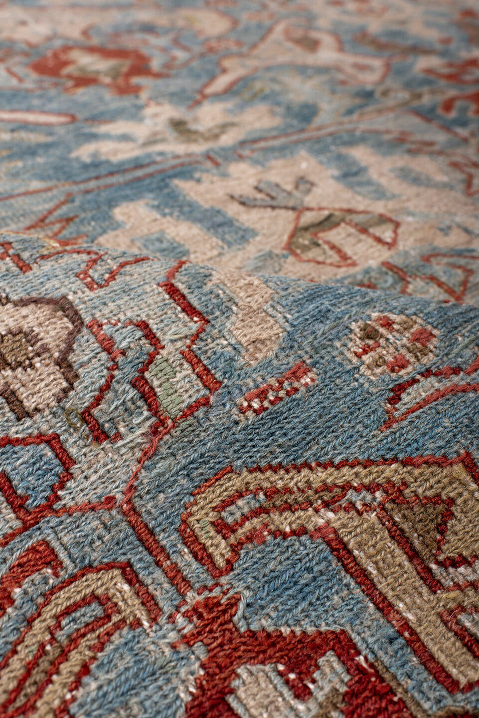 3' x 5' one-of-a-kind handmade antique Sumak small size rug. Color palette: sky blue, ivory, rust, taupe, slate, camel