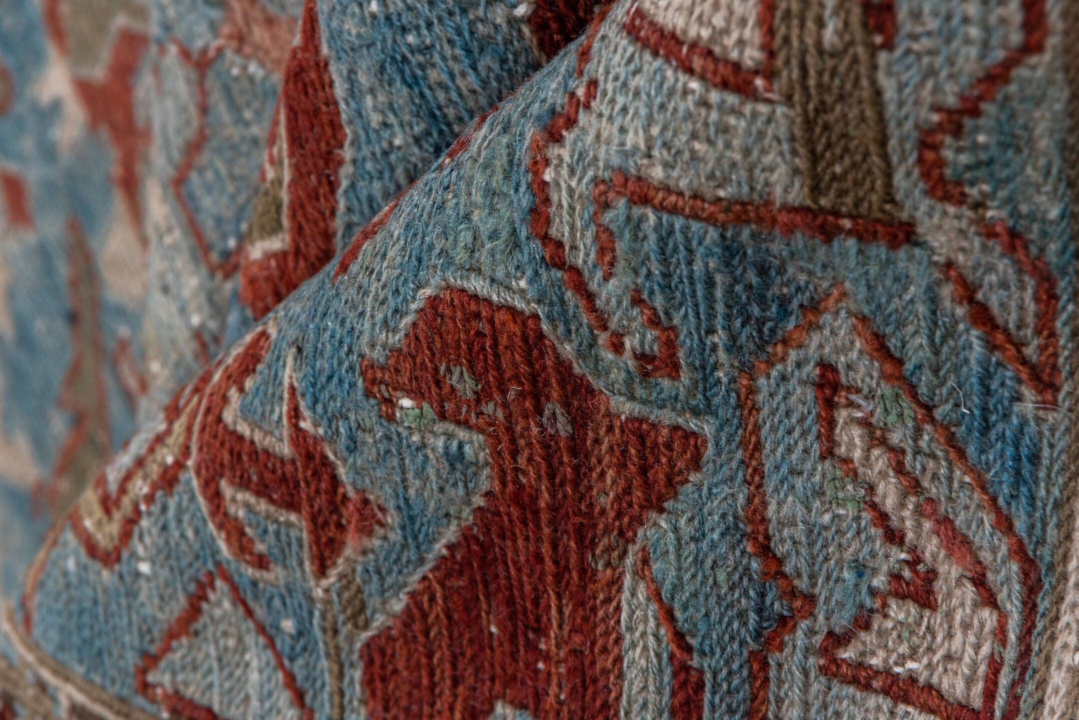 3' x 5' one-of-a-kind handmade antique Sumak small size rug. Color palette: sky blue, ivory, rust, taupe, slate, camel