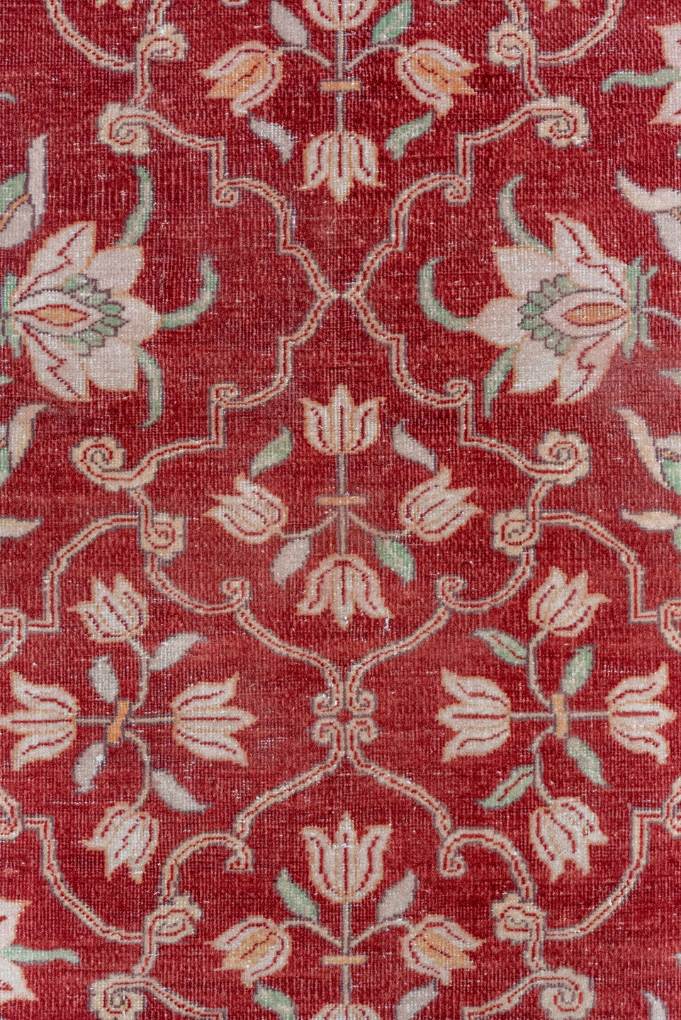 12' x 15' one-of-a-kind handmade antique Agra oversize rug. Color palette: red, ivory, rose, sage, taupe, pink, green, beige