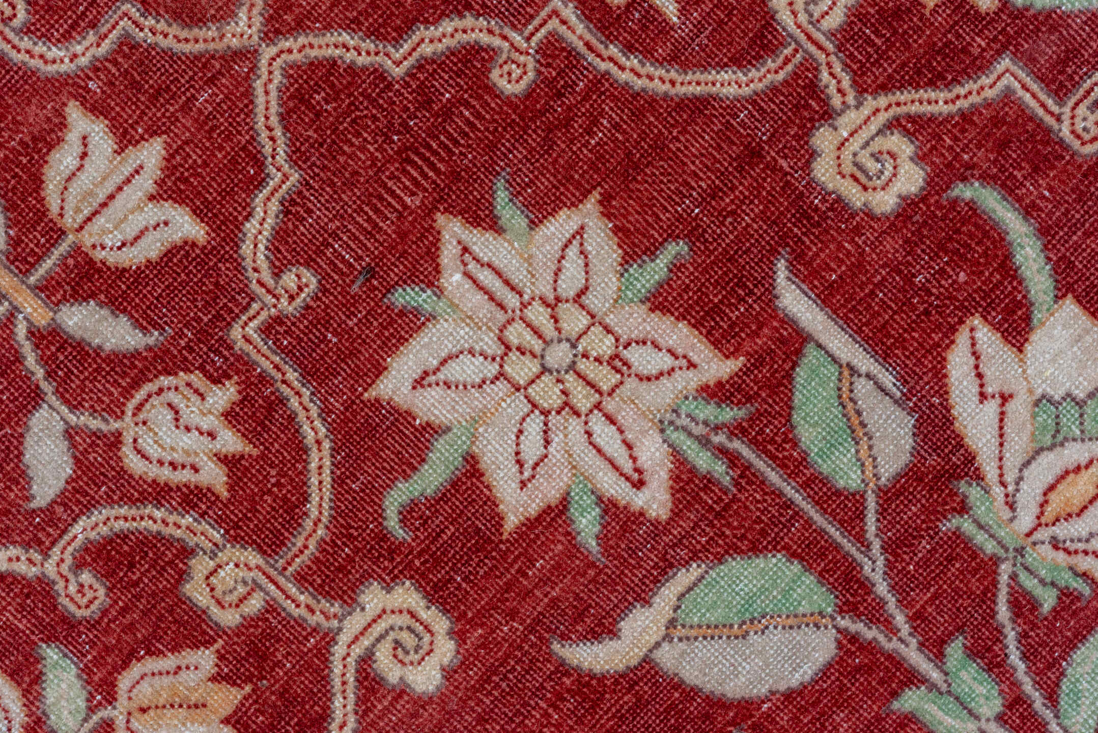 12' x 15' one-of-a-kind handmade antique Agra oversize rug. Color palette: red, ivory, rose, sage, taupe, pink, green, beige