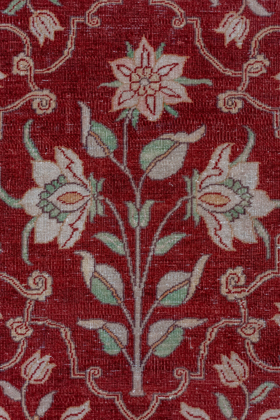 12' x 15' one-of-a-kind handmade antique Agra oversize rug. Color palette: red, ivory, rose, sage, taupe, pink, green, beige