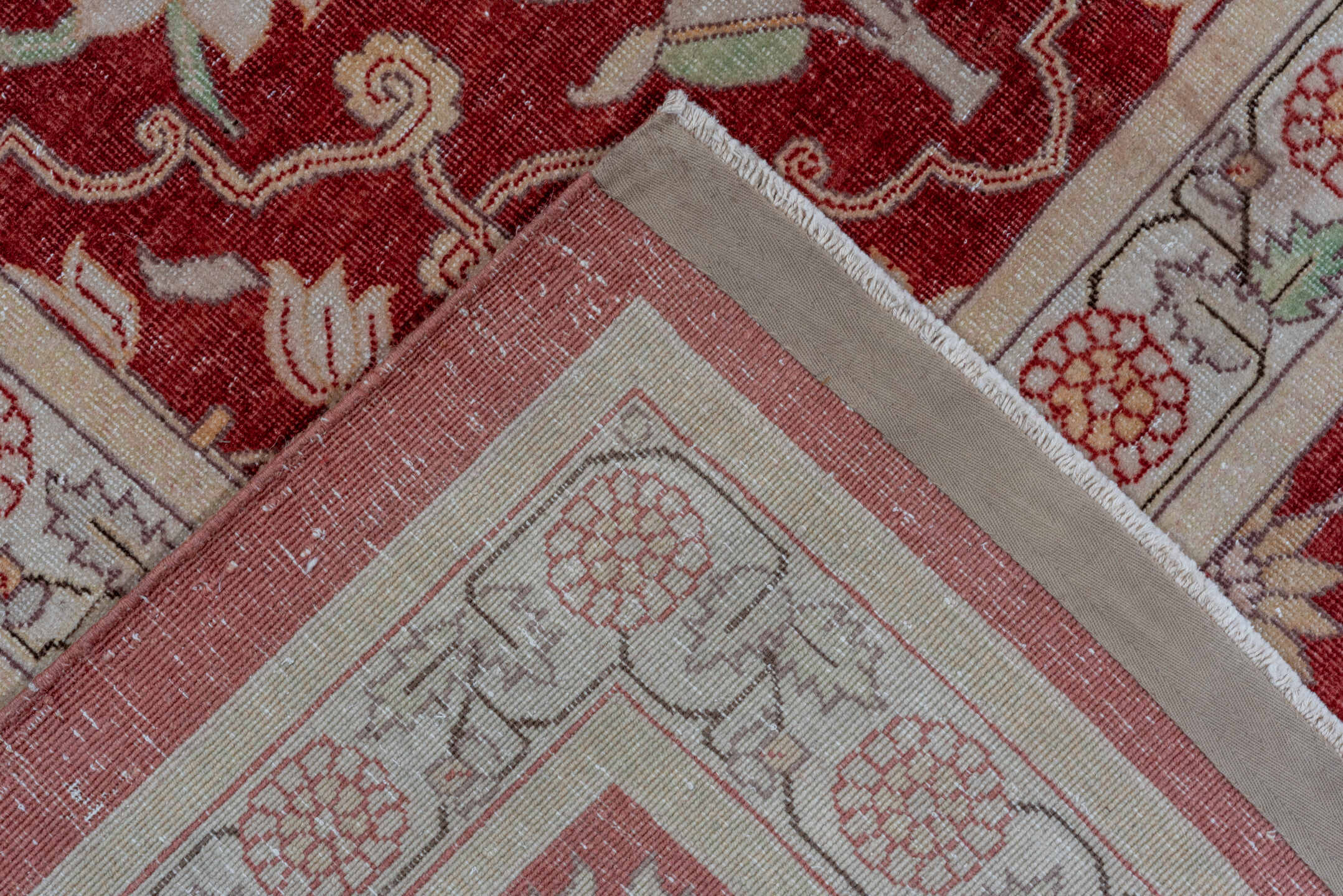 12' x 15' one-of-a-kind handmade antique Agra oversize rug. Color palette: red, ivory, rose, sage, taupe, pink, green, beige