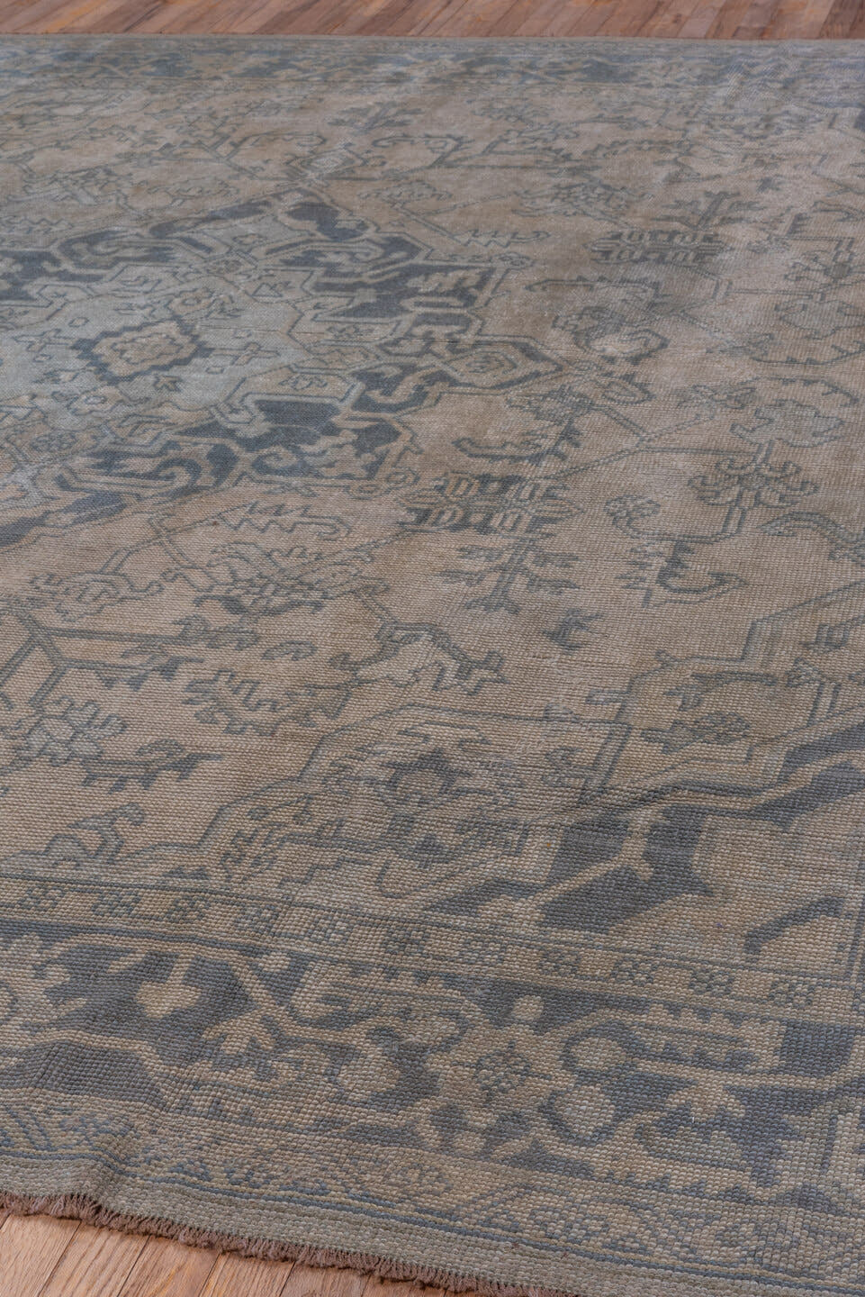 10' x 11' one-of-a-kind handmade antique Oushak large size rug. Color palette: ivory, slate, taupe, gray, charcoal, beige