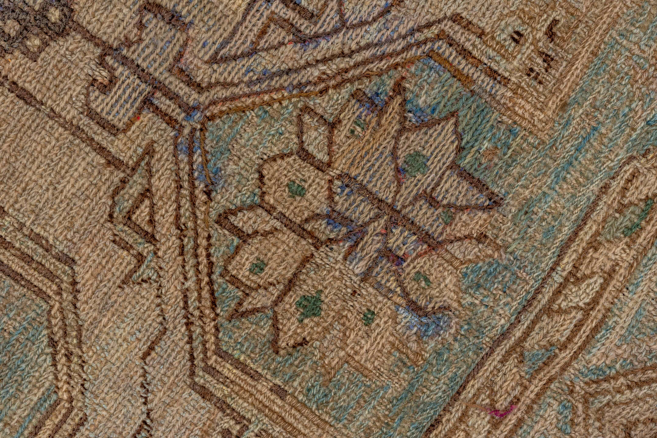 7' x 12' one-of-a-kind handmade antique Sumak large size rug. Color palette: taupe, beige, ivory, aqua, brown, sage, camel