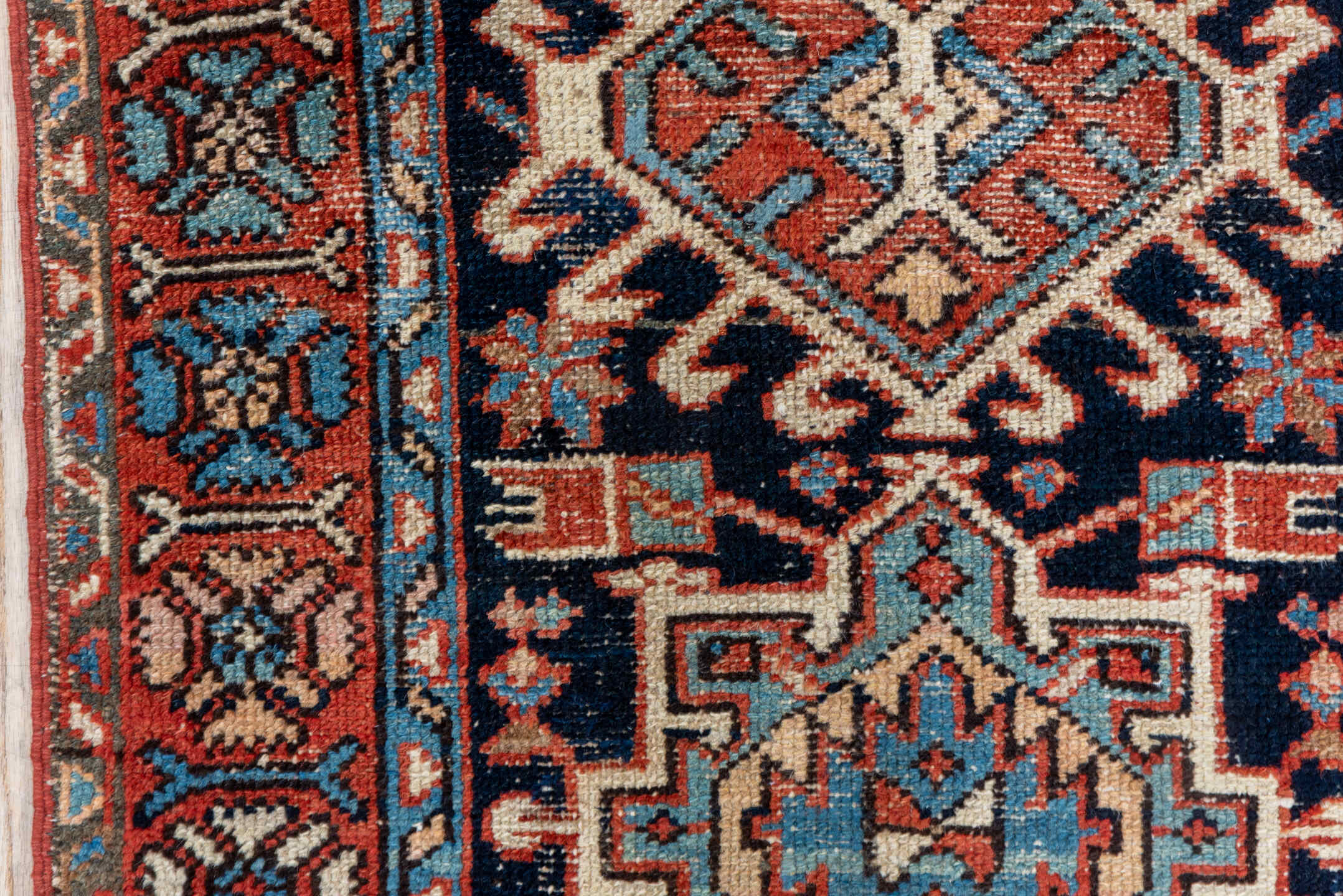 2' x 4' one-of-a-kind handmade antique Karaje small size rug. Color palette: rust, navy, ivory, sky_blue, camel, slate