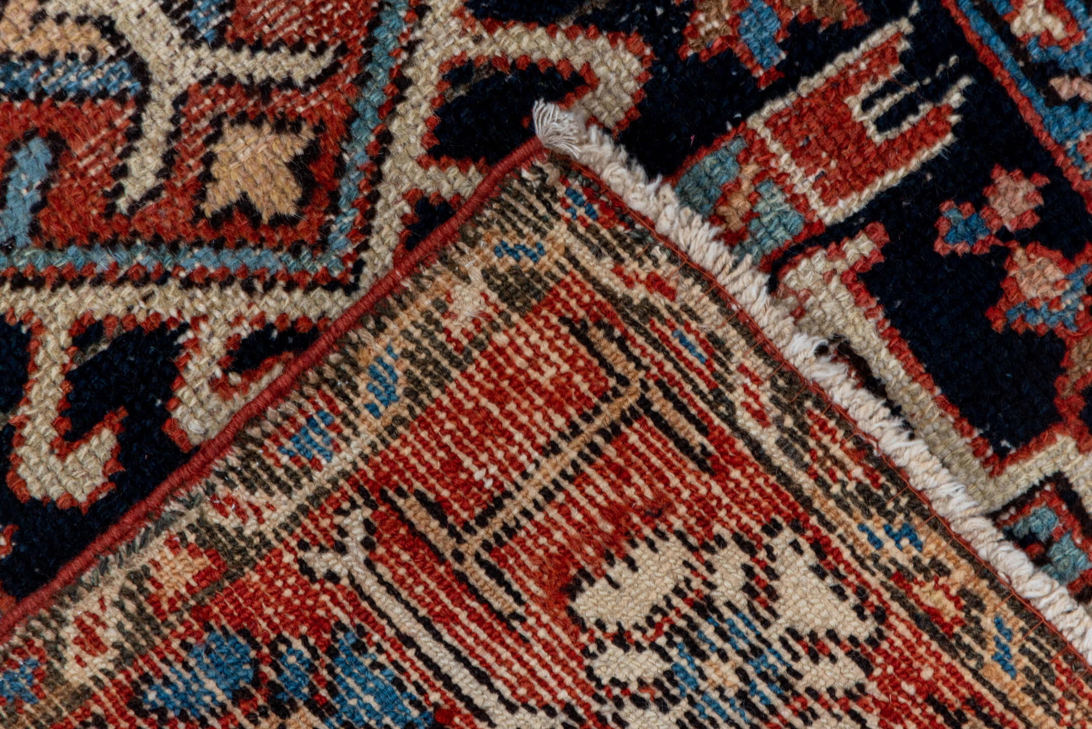 2' x 4' one-of-a-kind handmade antique Karaje small size rug. Color palette: rust, navy, ivory, sky_blue, camel, slate