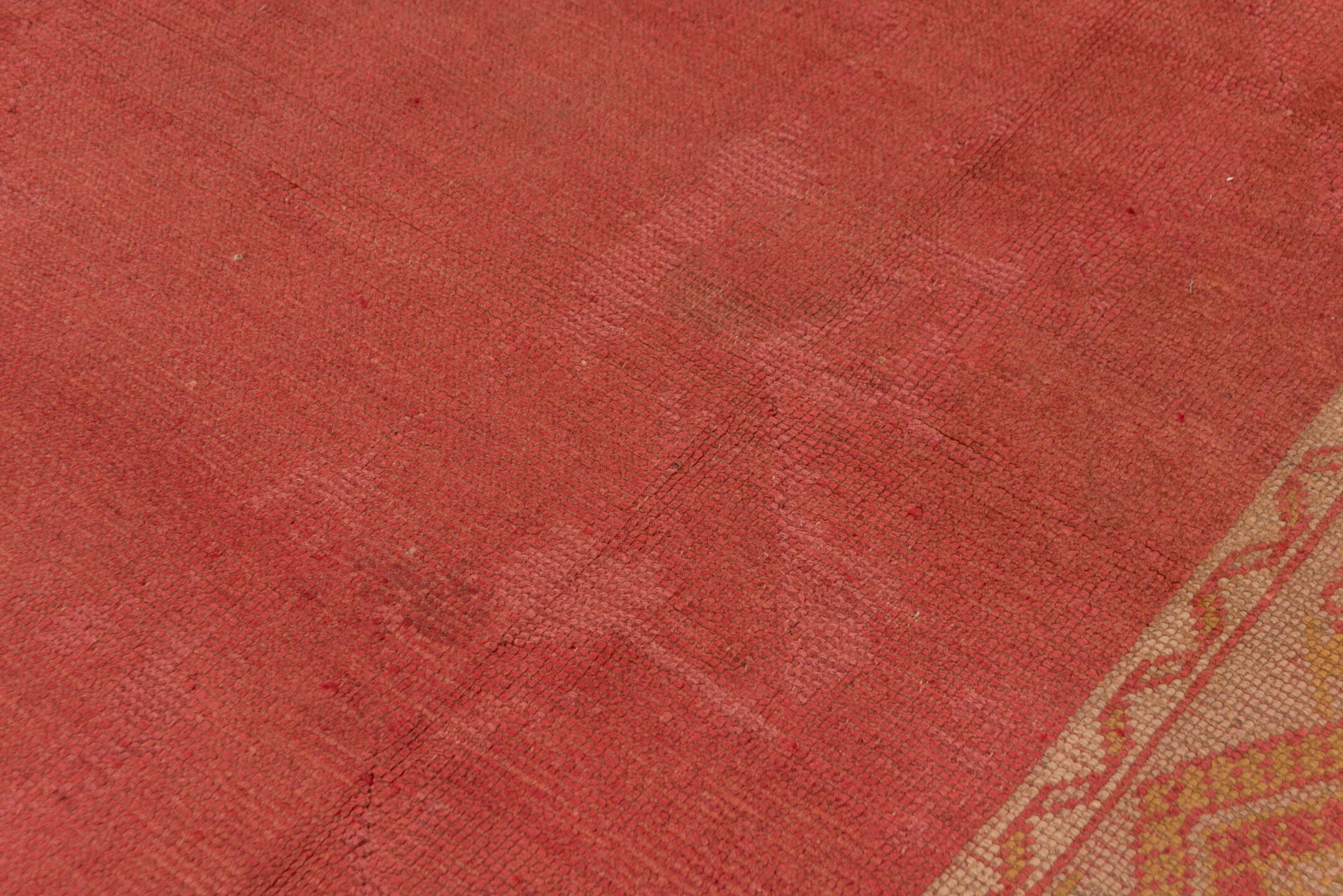 9' x 11' one-of-a-kind handmade antique Oushak large size rug. Color palette: terra cotta, gold, camel, rose, saffron