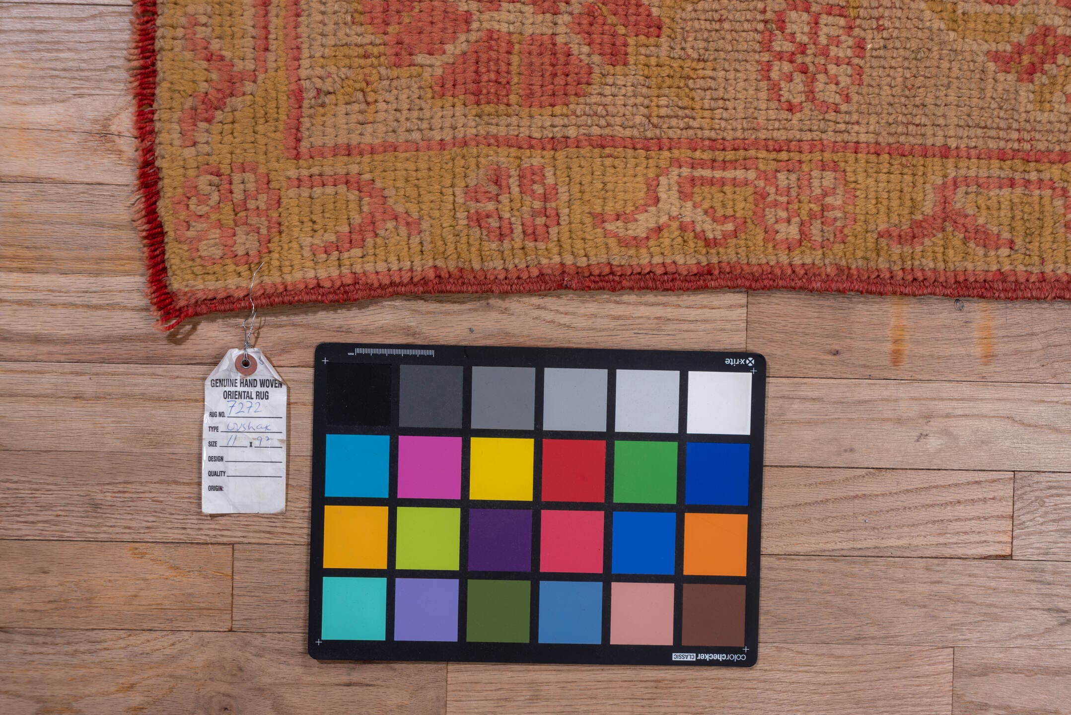 9' x 11' one-of-a-kind handmade antique Oushak large size rug. Color palette: terra cotta, gold, camel, rose, saffron
