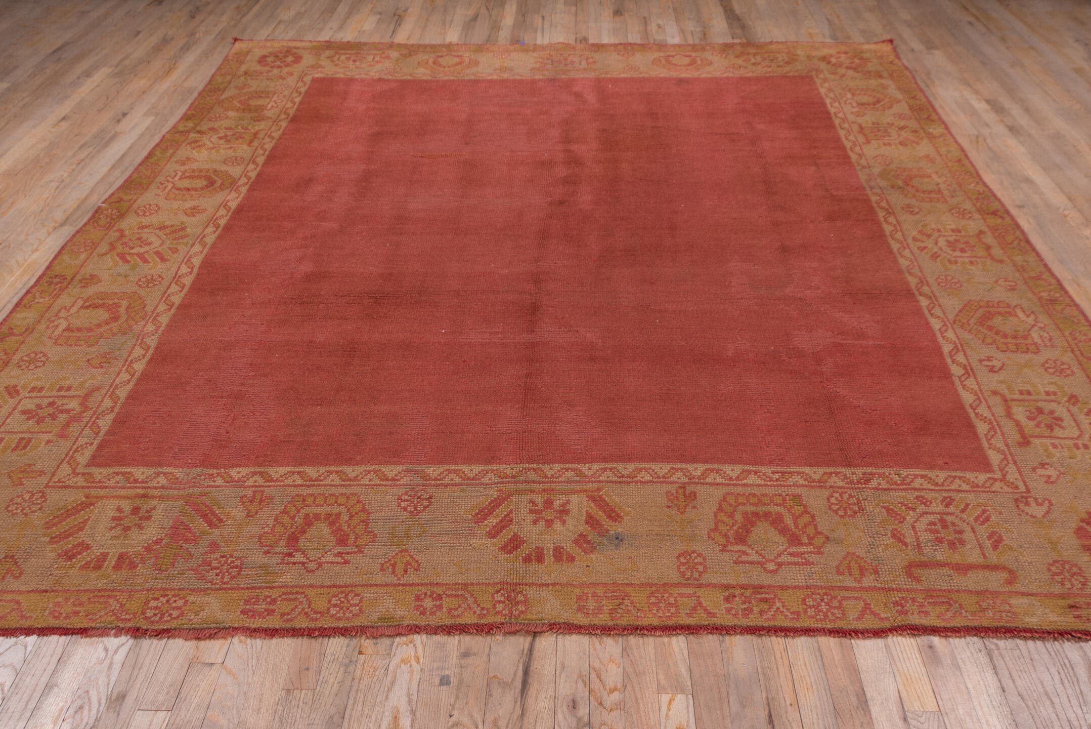 9' x 11' one-of-a-kind handmade antique Oushak large size rug. Color palette: terra cotta, gold, camel, rose, saffron