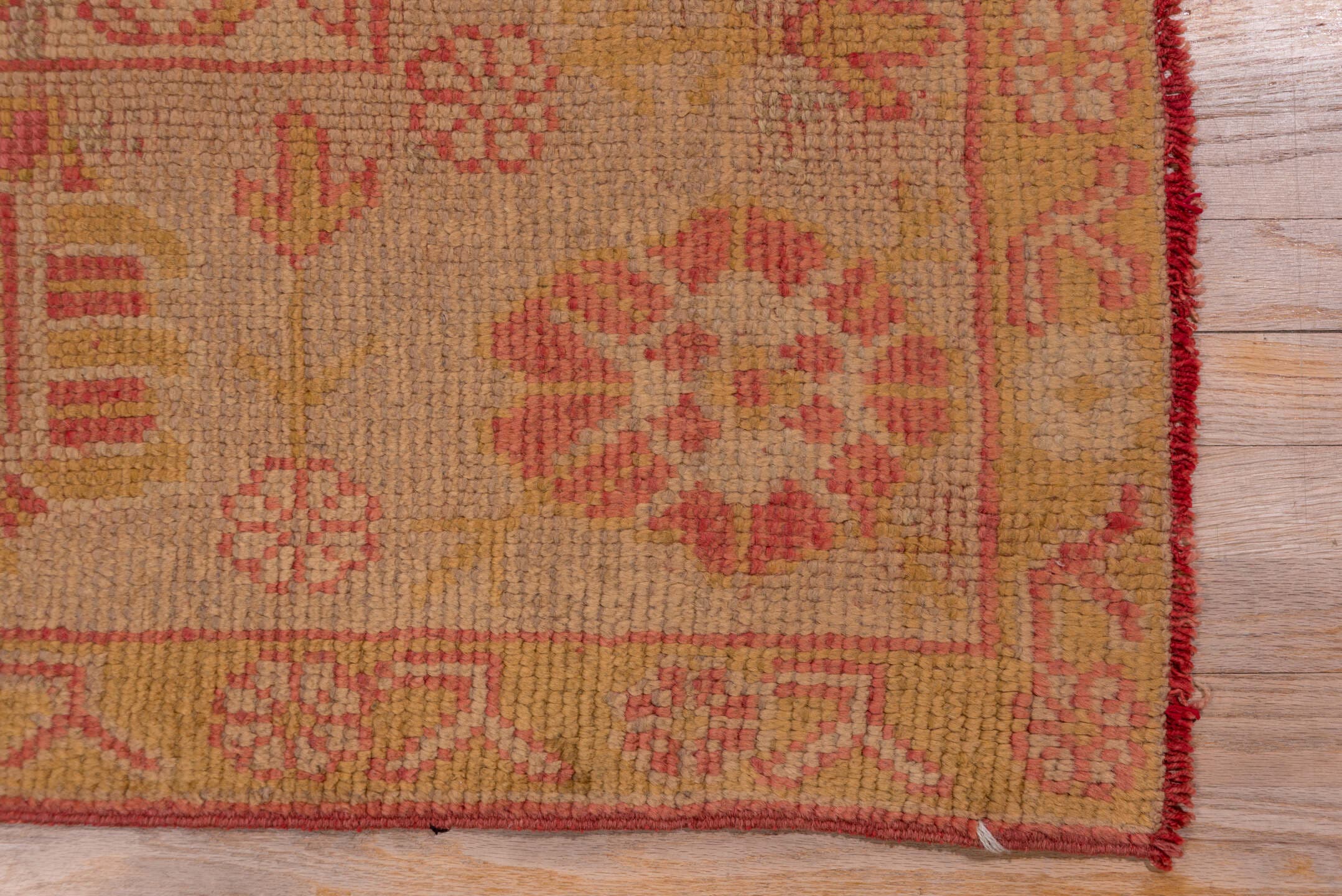 9' x 11' one-of-a-kind handmade antique Oushak large size rug. Color palette: terra cotta, gold, camel, rose, saffron