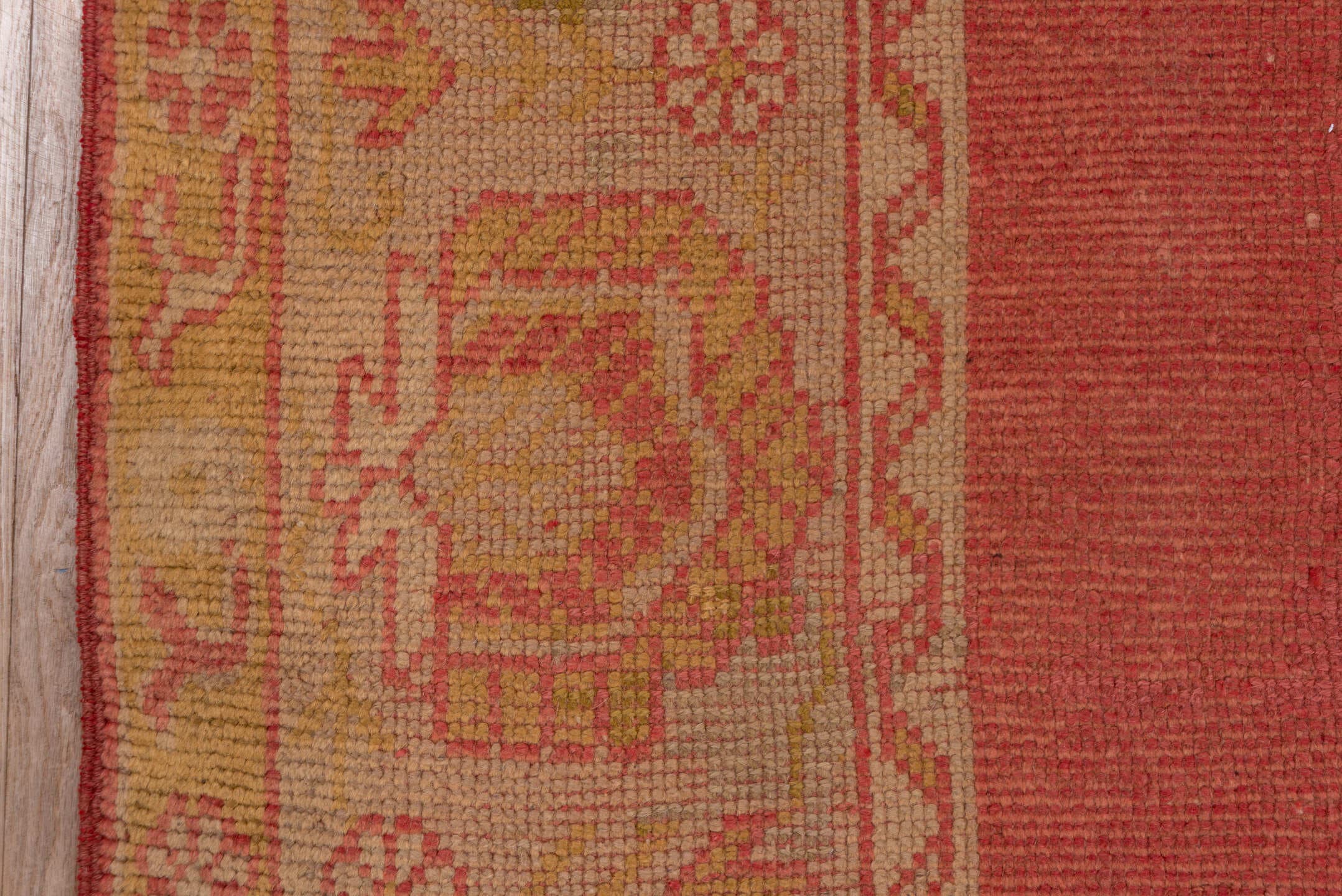 9' x 11' one-of-a-kind handmade antique Oushak large size rug. Color palette: terra cotta, gold, camel, rose, saffron