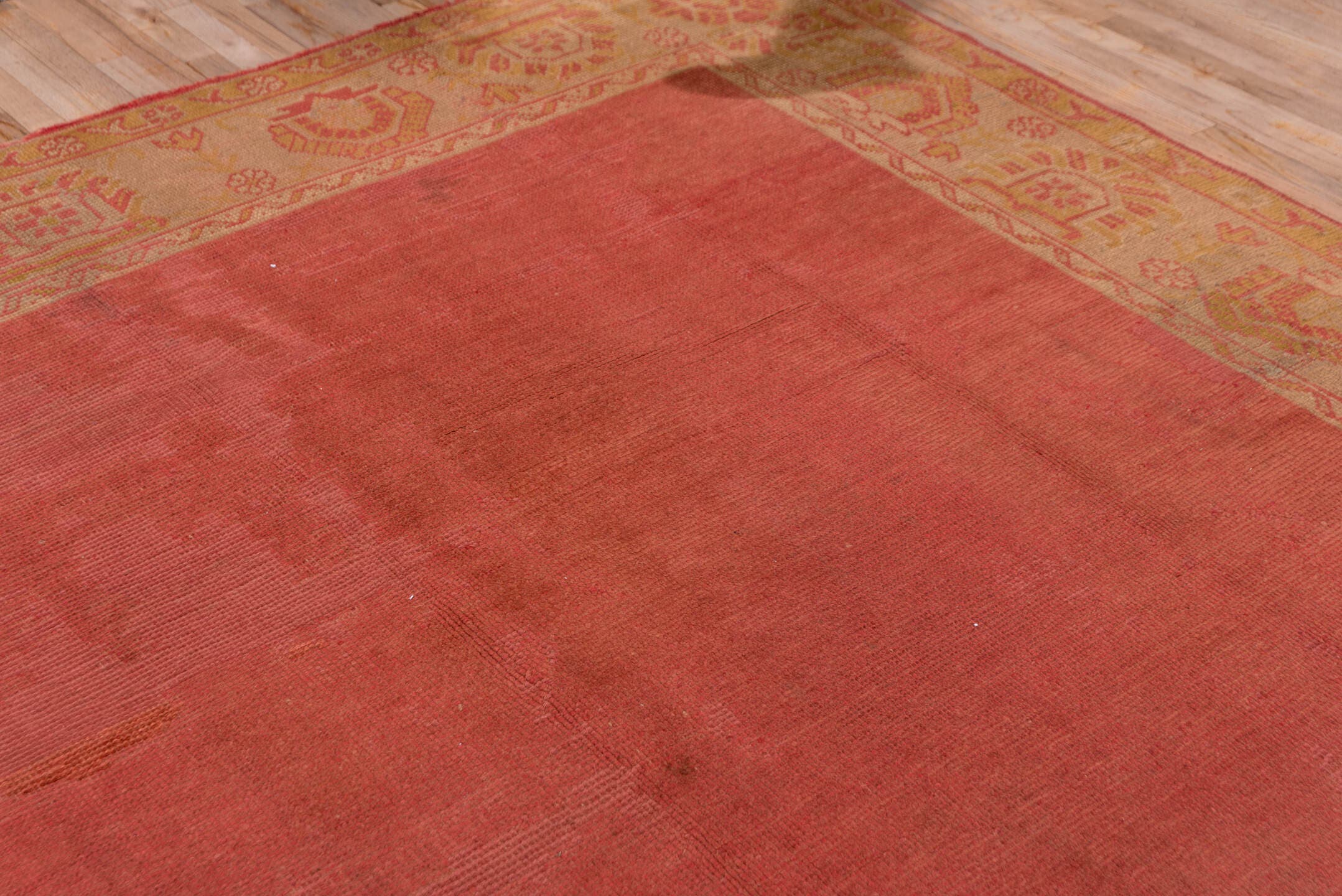 9' x 11' one-of-a-kind handmade antique Oushak large size rug. Color palette: terra cotta, gold, camel, rose, saffron