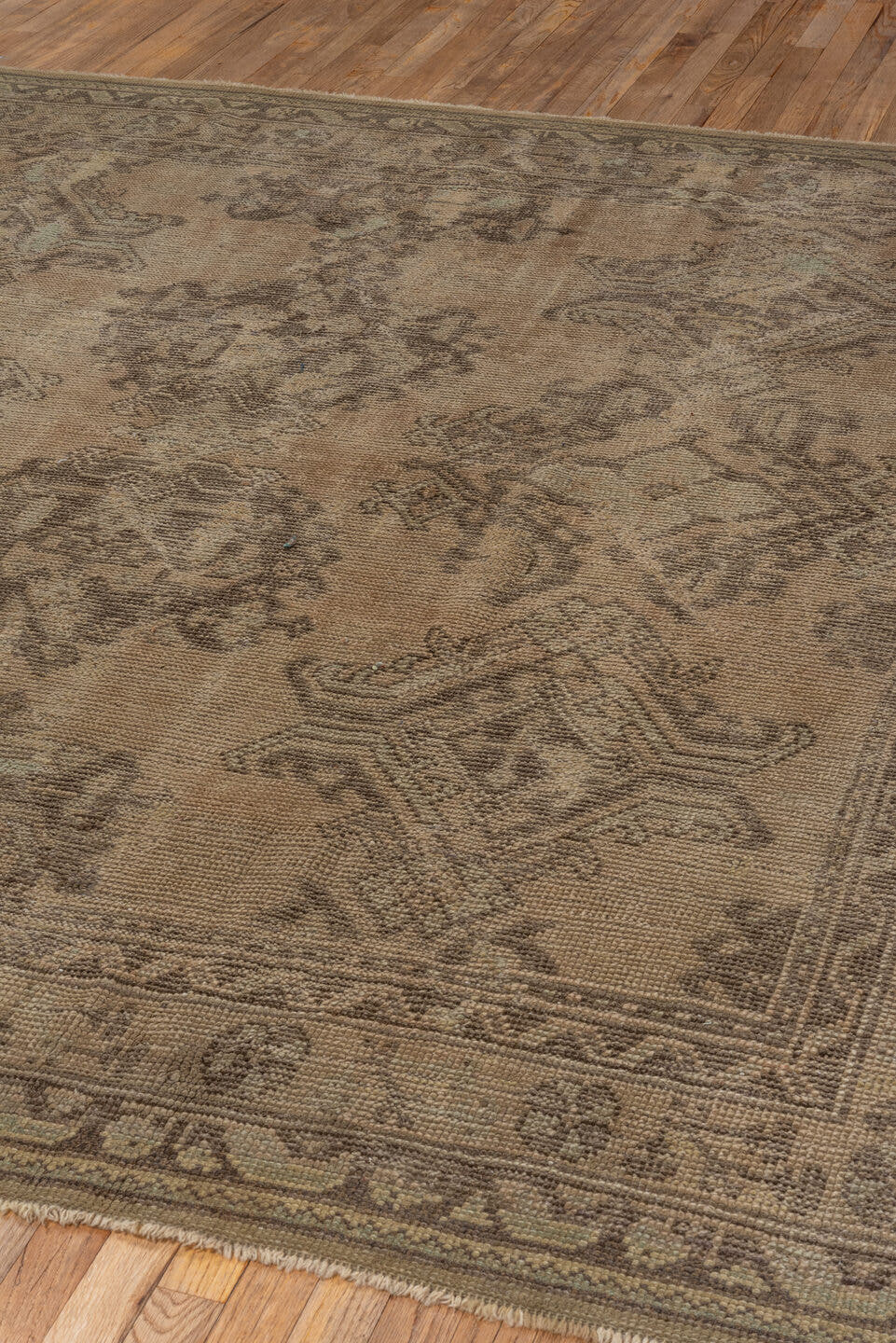 8' x 8' one-of-a-kind handmade antique Oushak rug. Color palette: taupe, brown, camel, ivory, sage, beige, gray, green