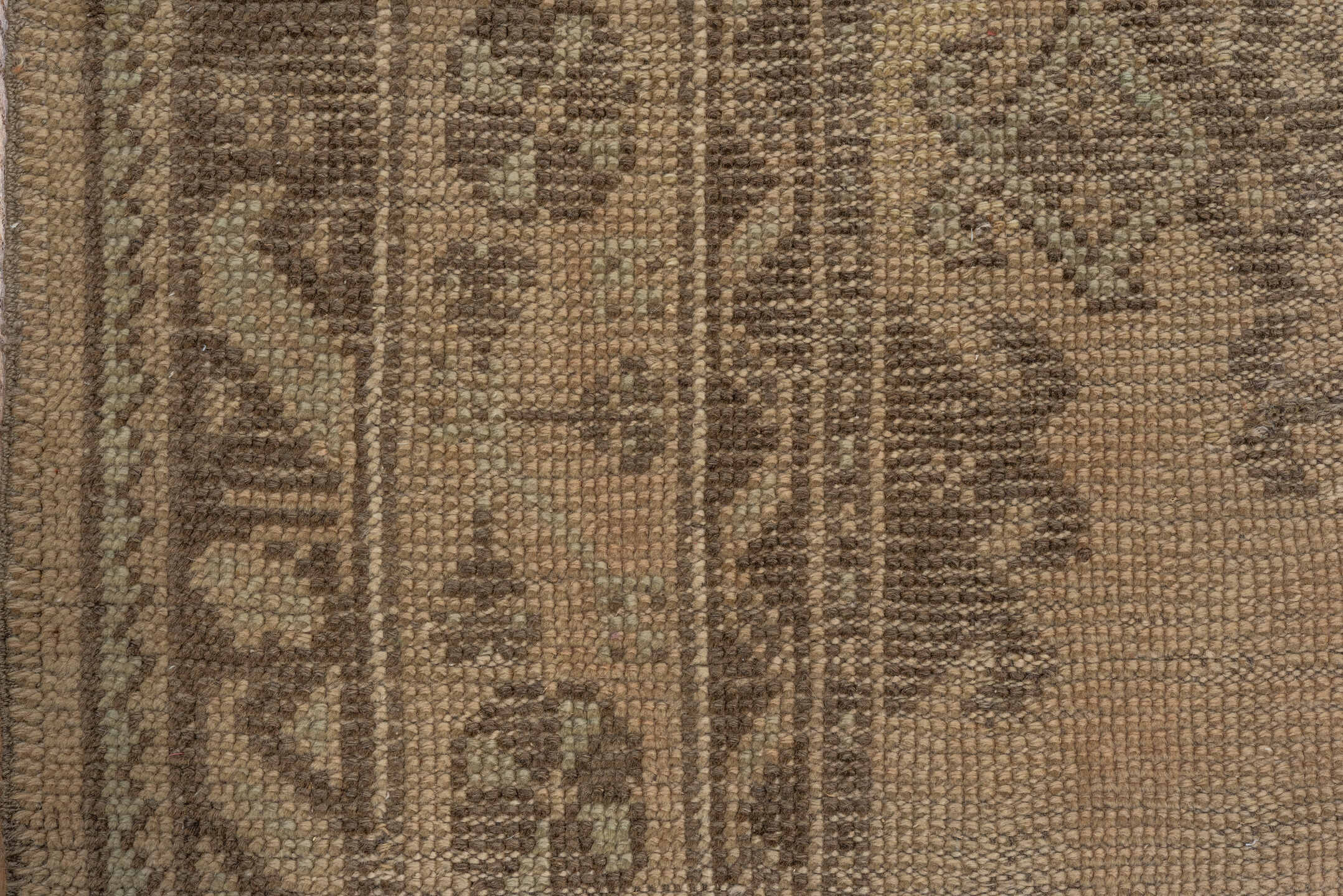 8' x 8' one-of-a-kind handmade antique Oushak rug. Color palette: taupe, brown, camel, ivory, sage, beige, gray, green