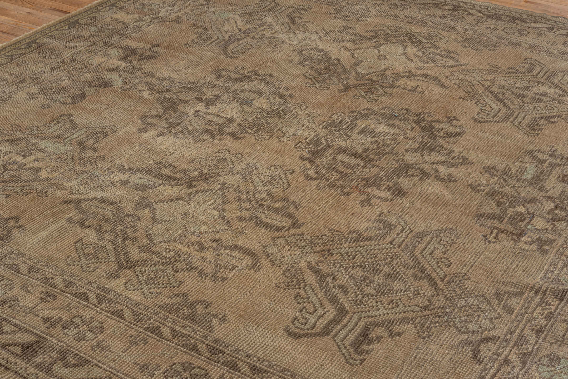 8' x 8' one-of-a-kind handmade antique Oushak rug. Color palette: taupe, brown, camel, ivory, sage, beige, gray, green