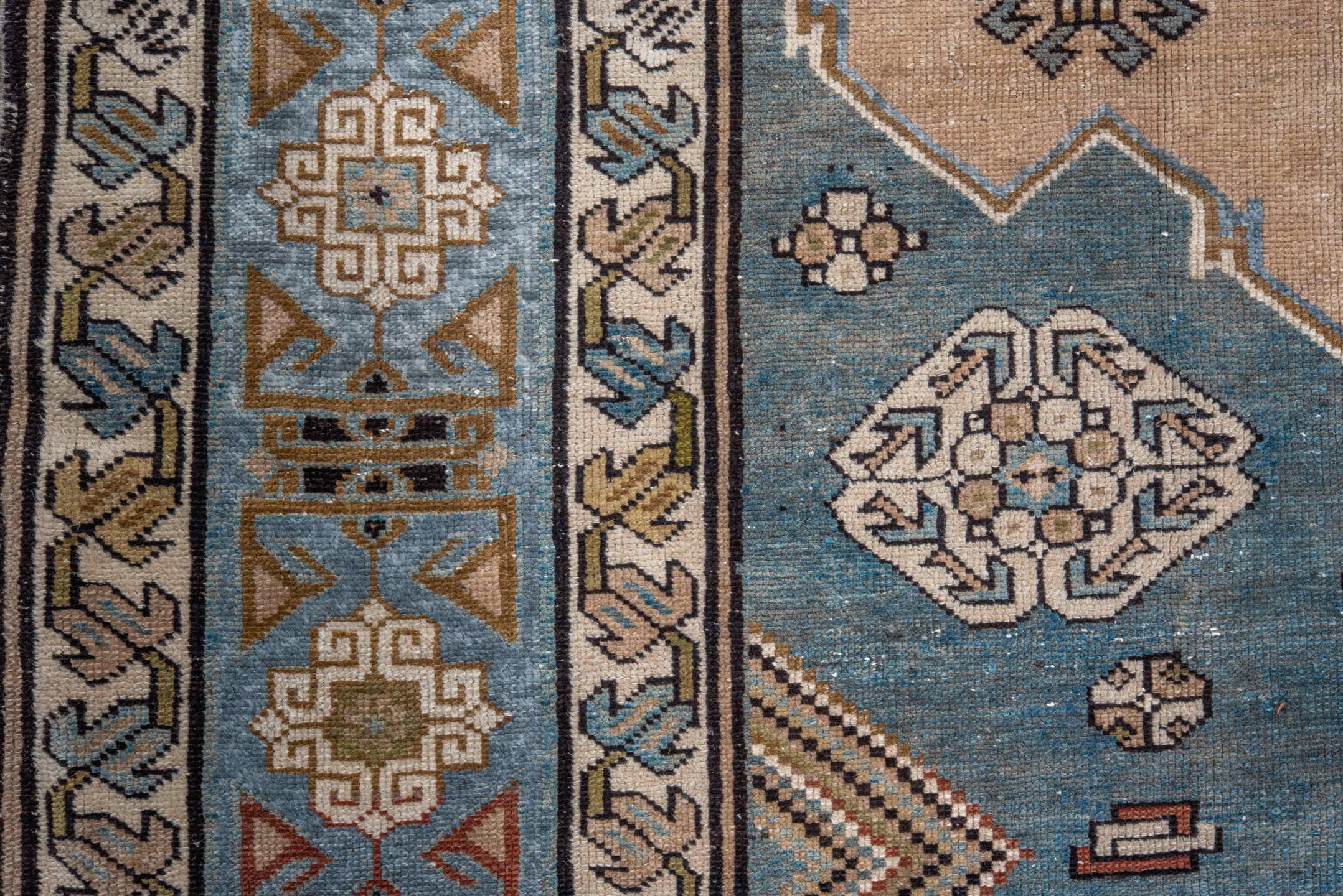 6' x 12' one-of-a-kind handmade antique Caucasian large size rug. Color palette: ivory, sky blue, taupe, brown, slate, camel