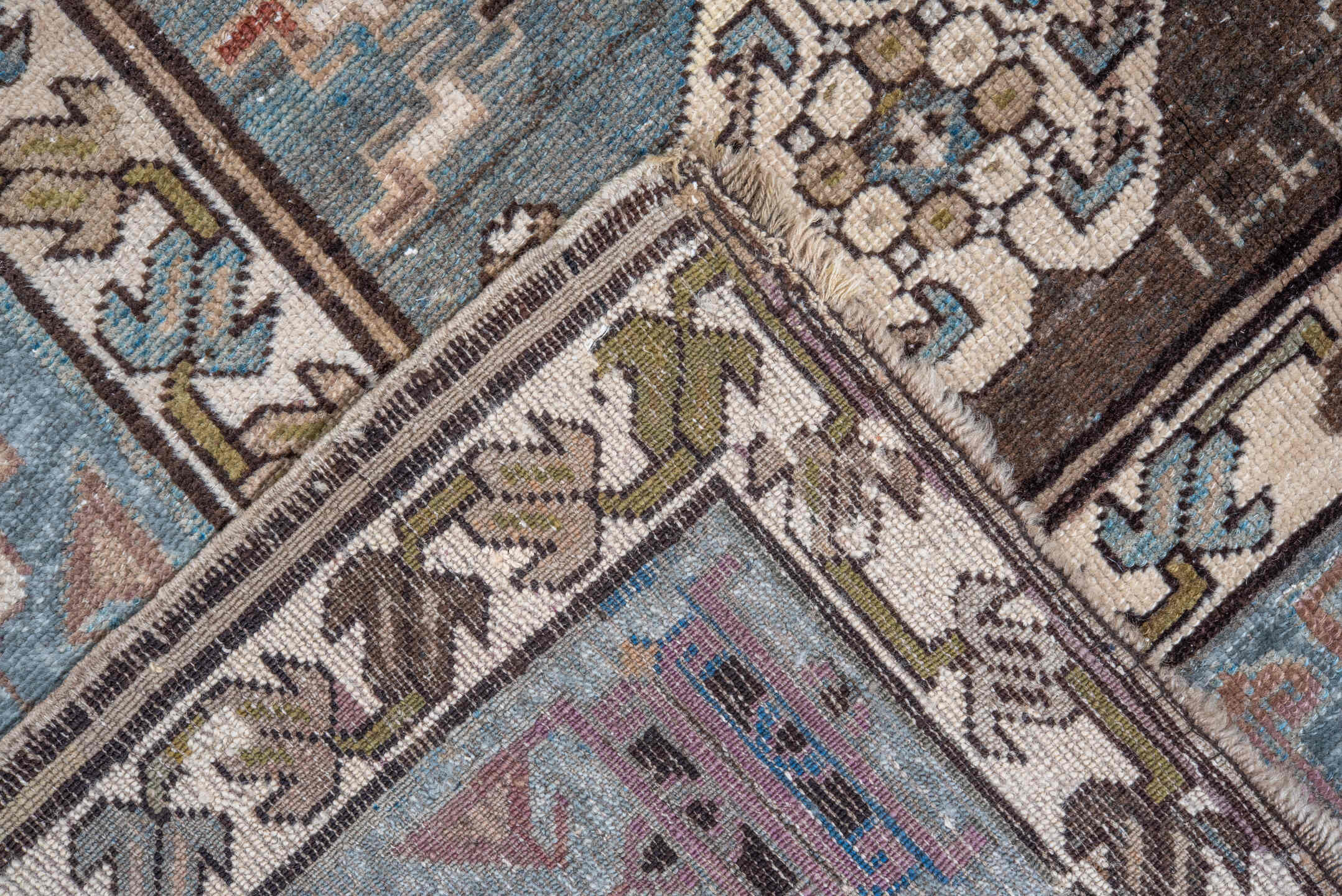 6' x 12' one-of-a-kind handmade antique Caucasian large size rug. Color palette: ivory, sky blue, taupe, brown, slate, camel