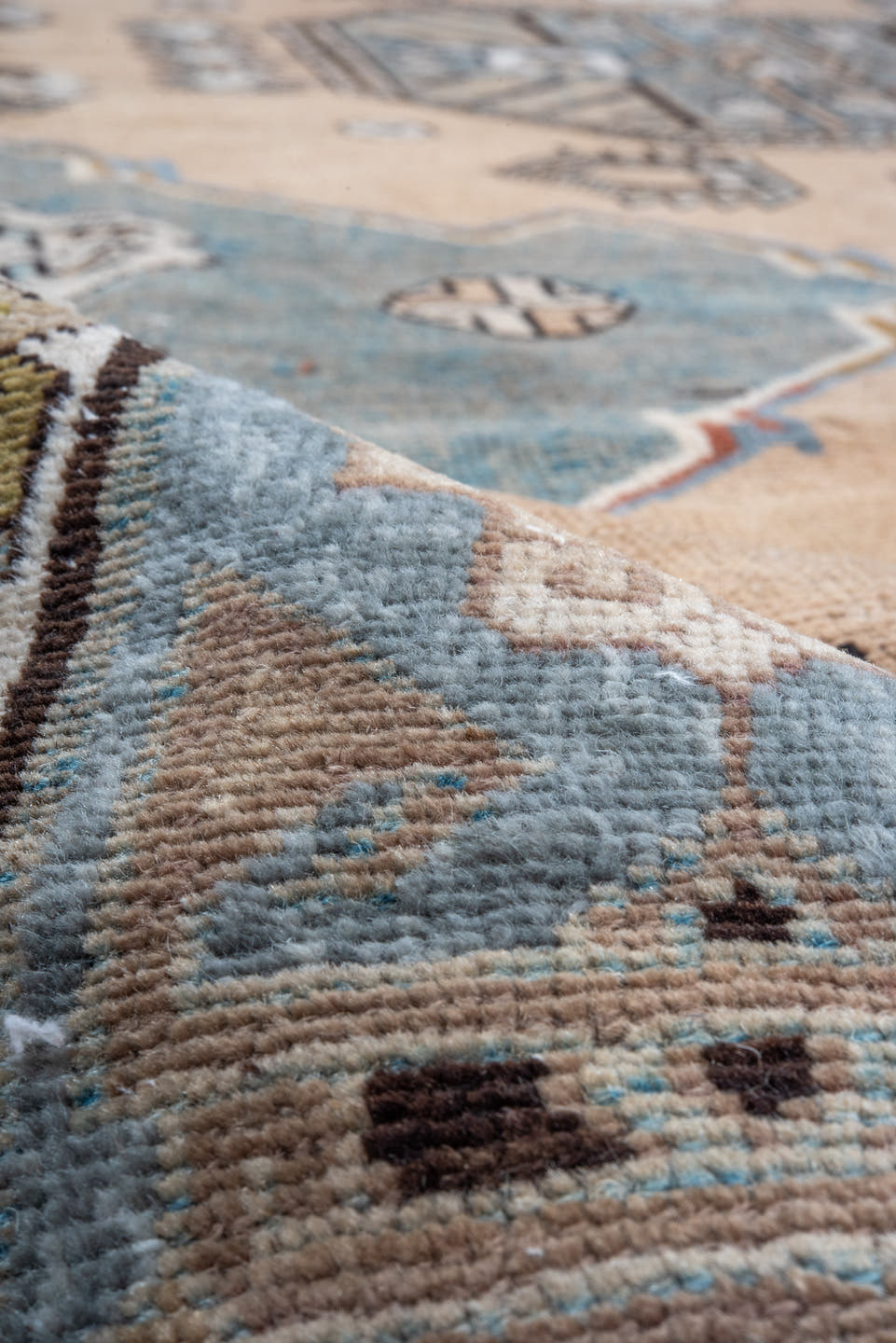 6' x 12' one-of-a-kind handmade antique Caucasian large size rug. Color palette: ivory, sky blue, taupe, brown, slate, camel