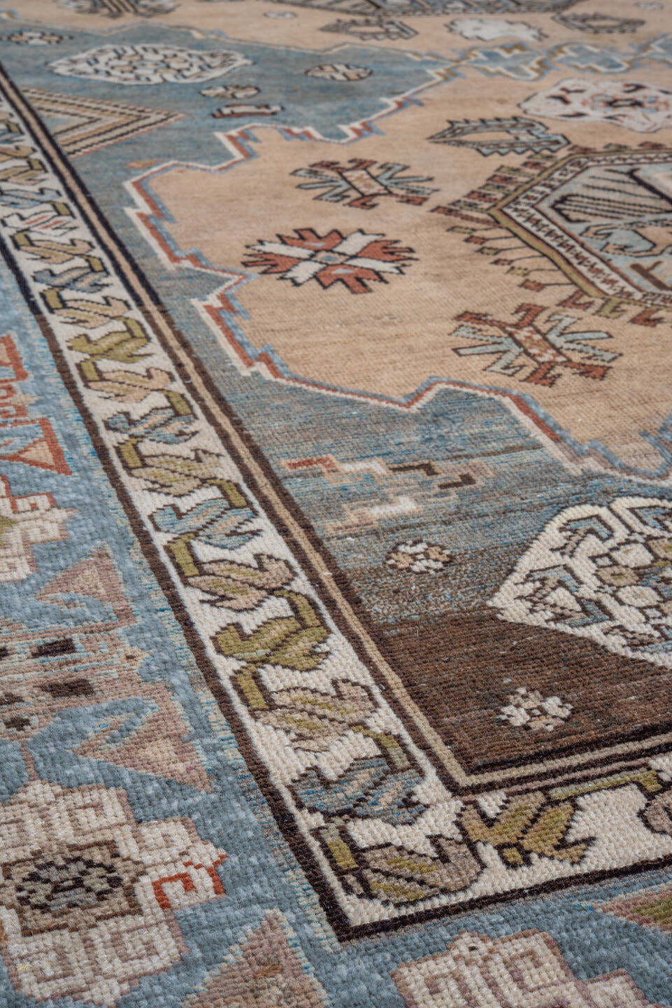 6' x 12' one-of-a-kind handmade antique Caucasian large size rug. Color palette: ivory, sky blue, taupe, brown, slate, camel