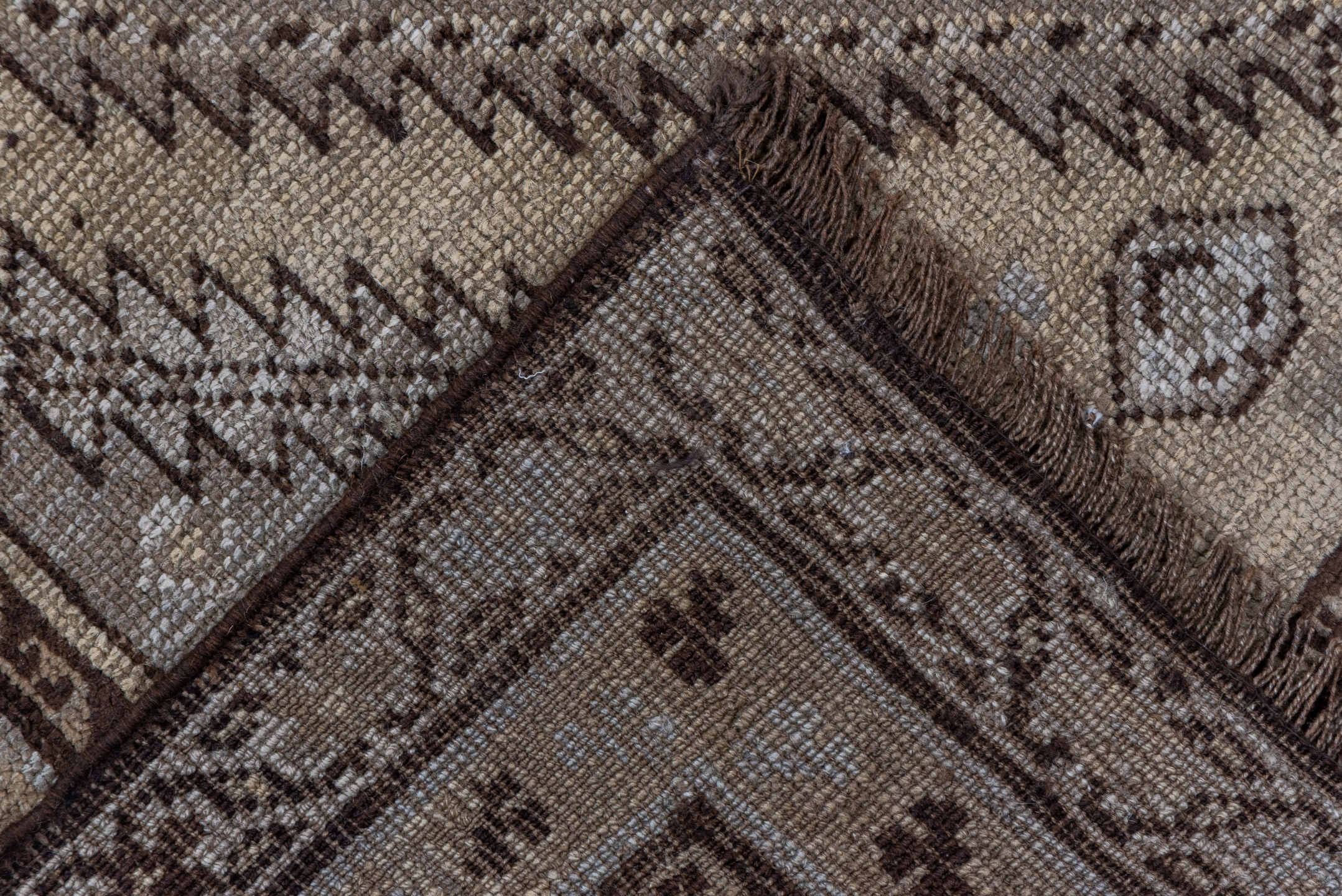 3' x 12' one-of-a-kind handmade vintage Karabagh runner rug. Color palette: brown, gray, off-white, snow, white, whitesmoke