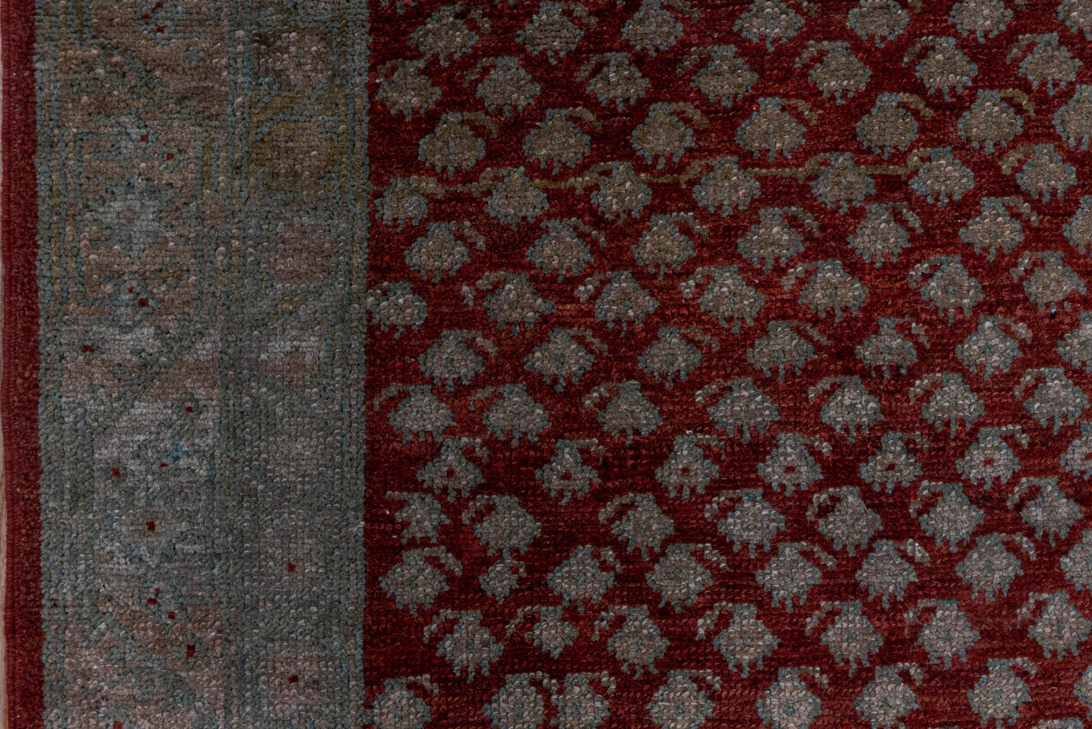 3' x 10' one-of-a-kind handmade vintage Saraband runner rug. Color palette: brown, gray, off-white, red, redwood, snow