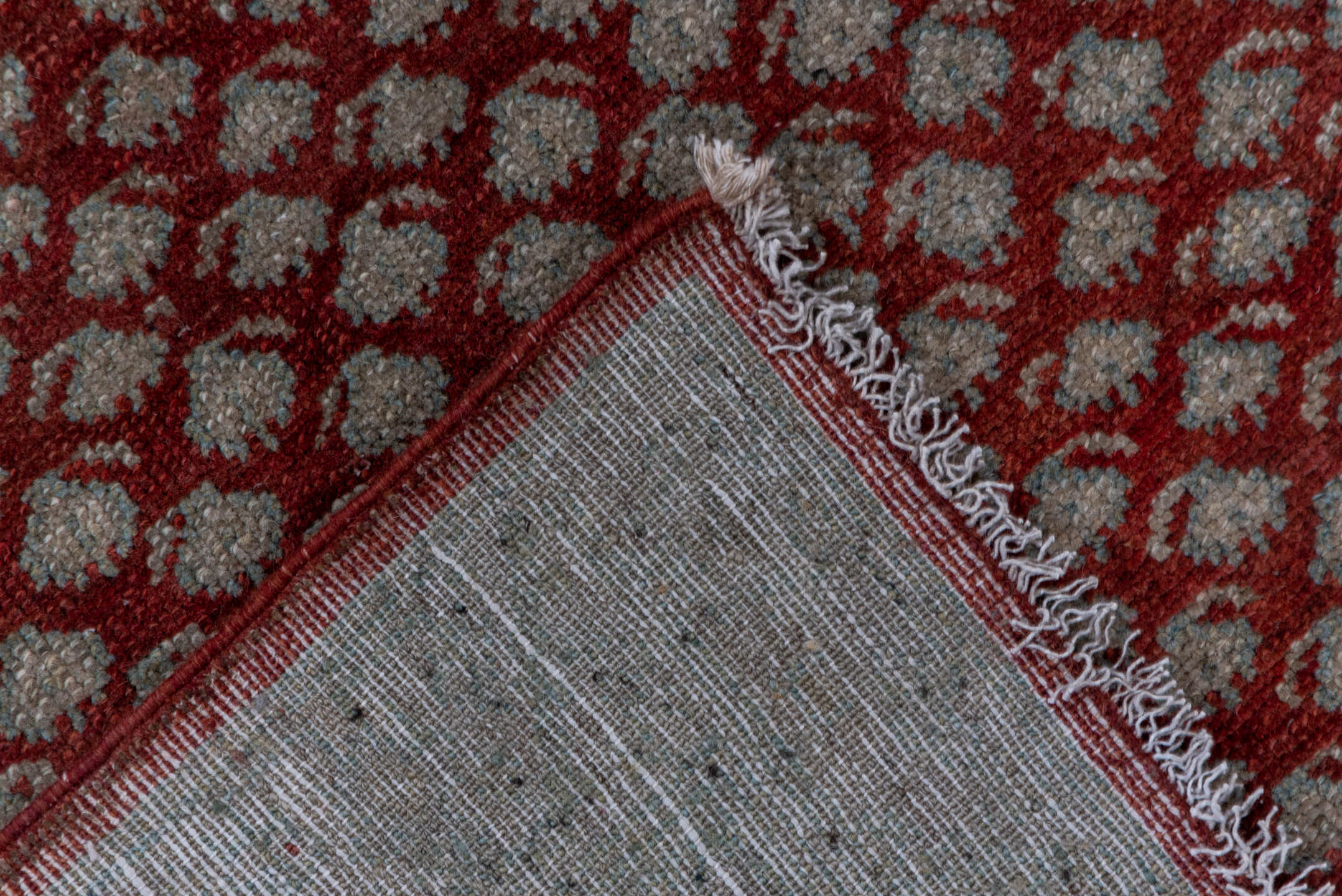 3' x 10' one-of-a-kind handmade vintage Saraband runner rug. Color palette: brown, gray, off-white, red, redwood, snow