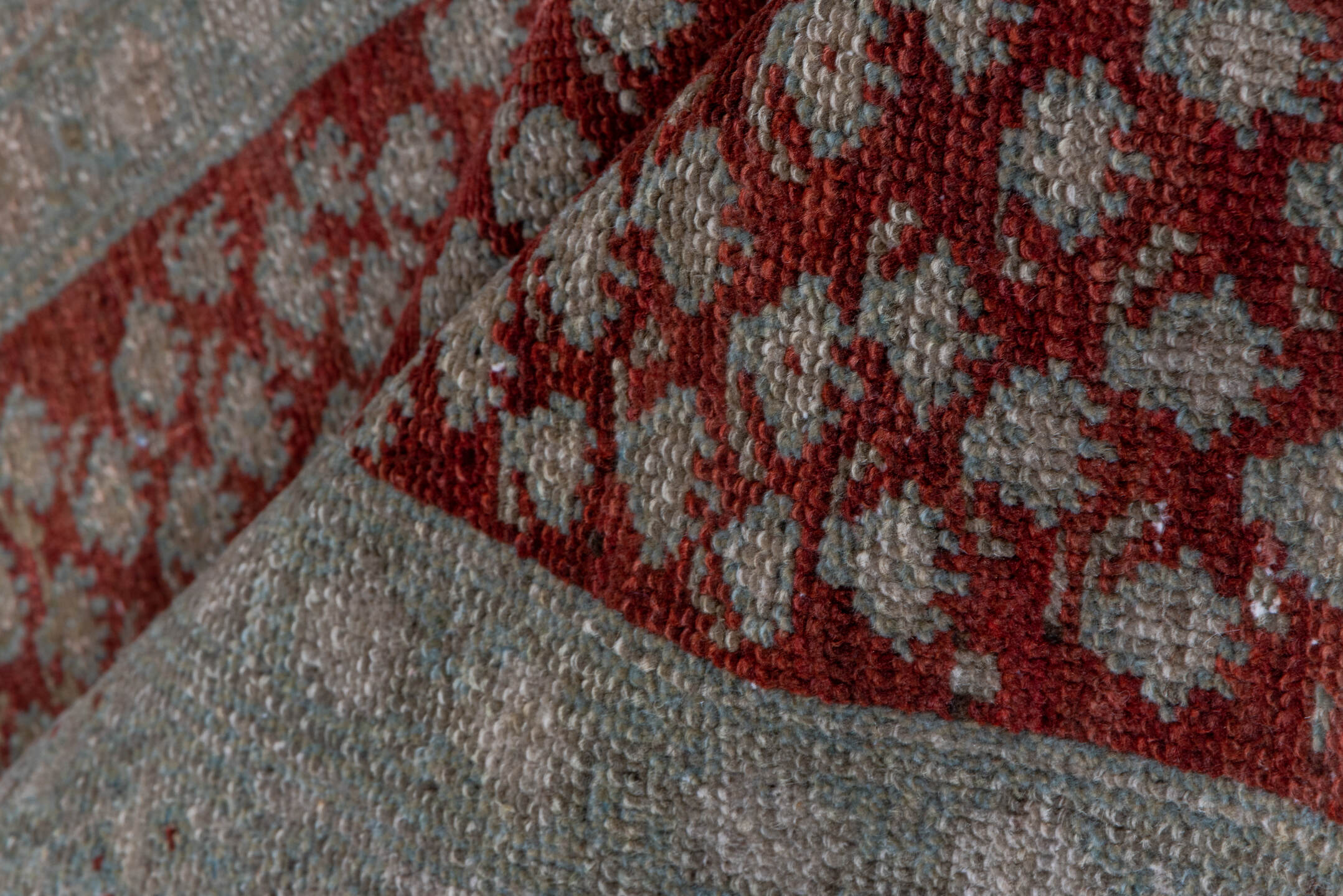 3' x 10' one-of-a-kind handmade vintage Saraband runner rug. Color palette: brown, gray, off-white, red, redwood, snow