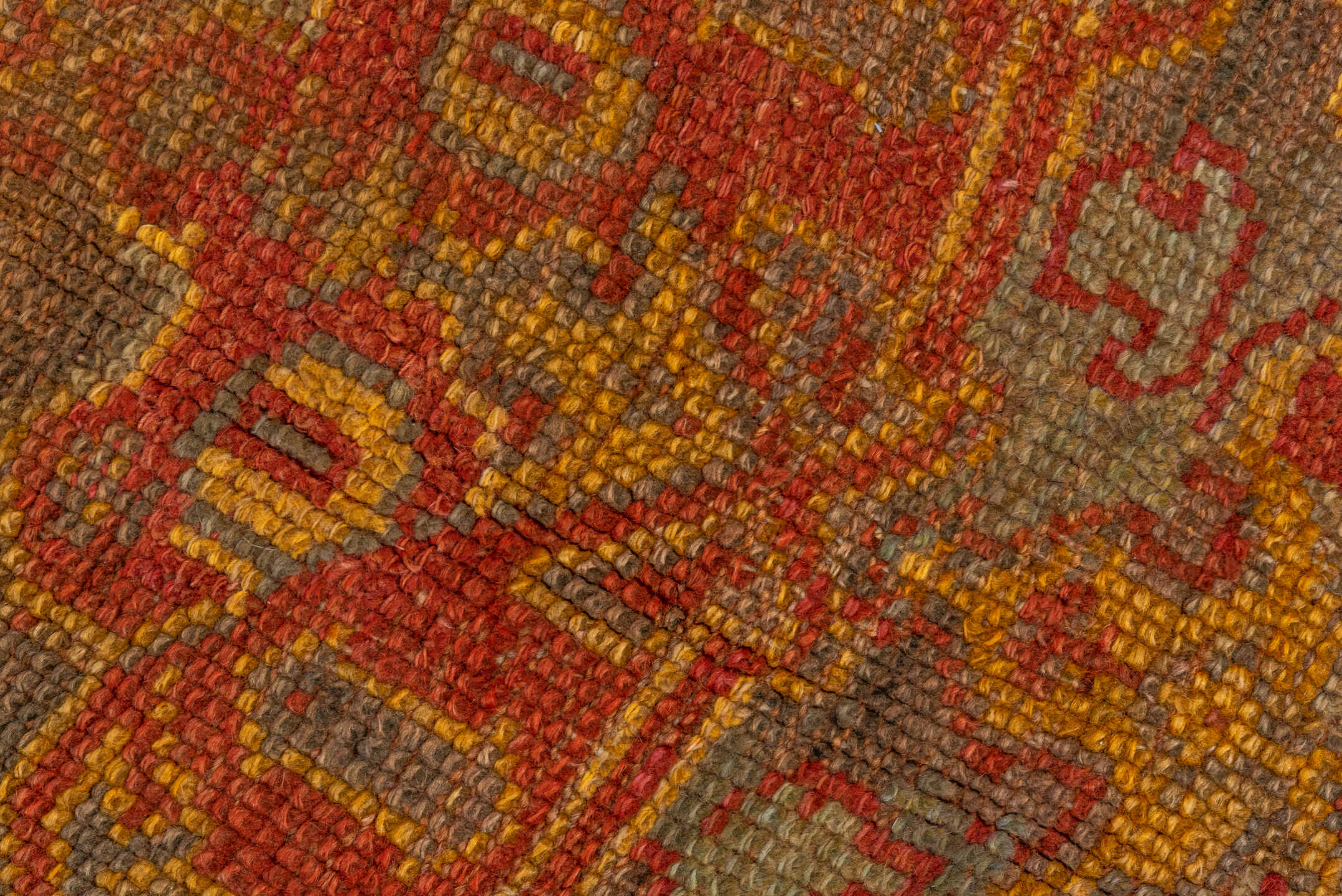 10' x 15' one-of-a-kind handmade vintage Oushak rug. Color palette: brown, dark red, gray, off-white, pink, red