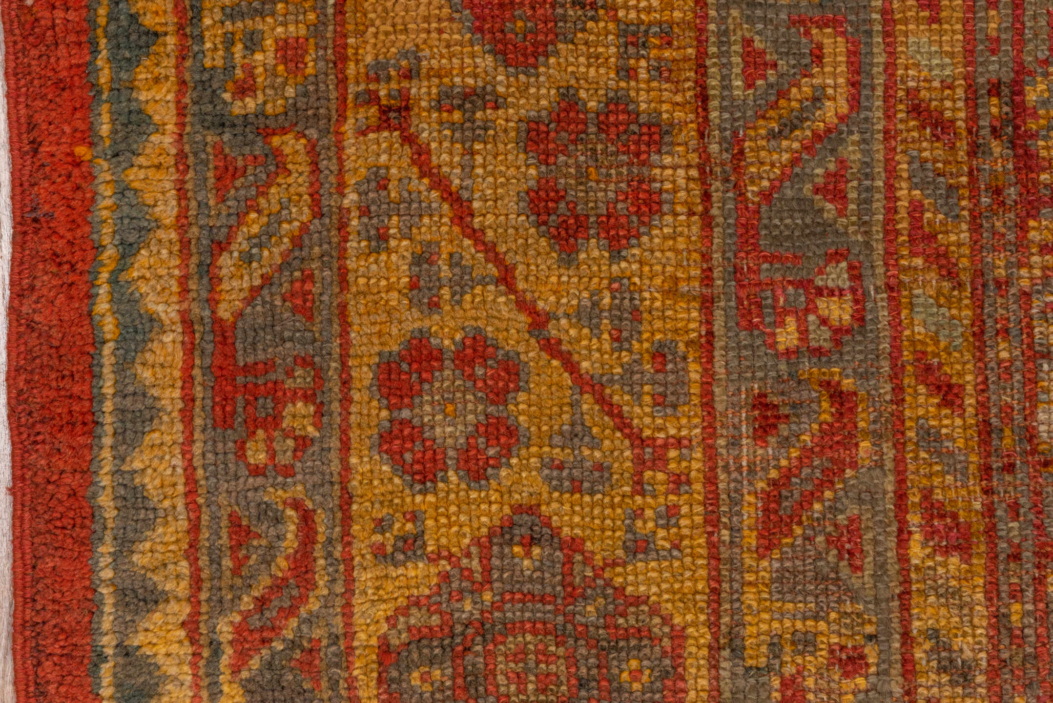 10' x 15' one-of-a-kind handmade antique Oushak rug. Color palette: rust, gold, terra cotta, slate, camel, sienna