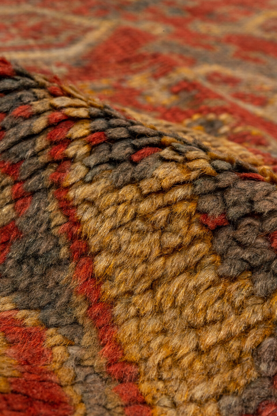 10' x 15' one-of-a-kind handmade vintage Oushak rug. Color palette: brown, dark red, gray, off-white, pink, red